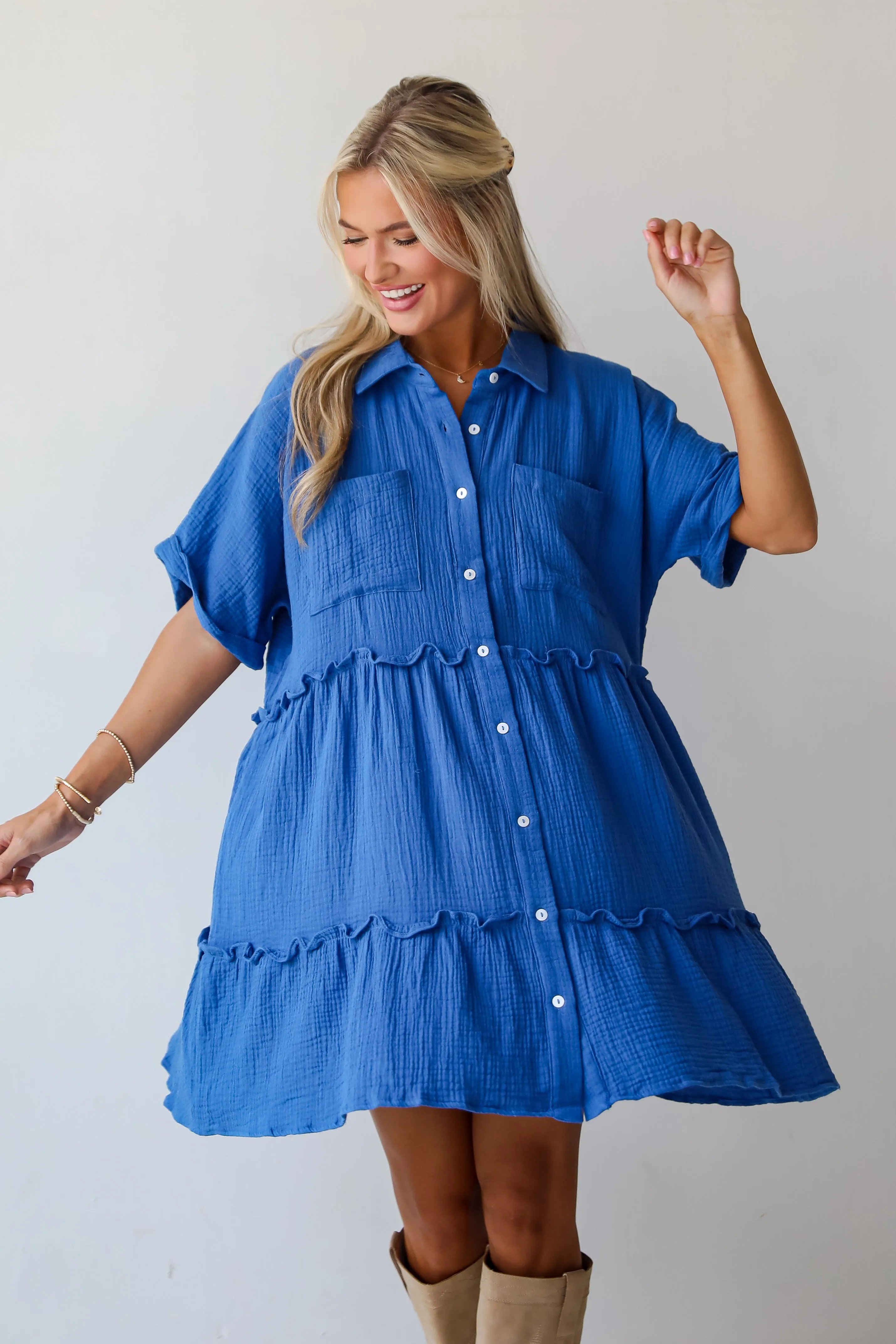 FINAL SALE - Charming Dynamic Royal Blue Linen Tiered Mini Dress