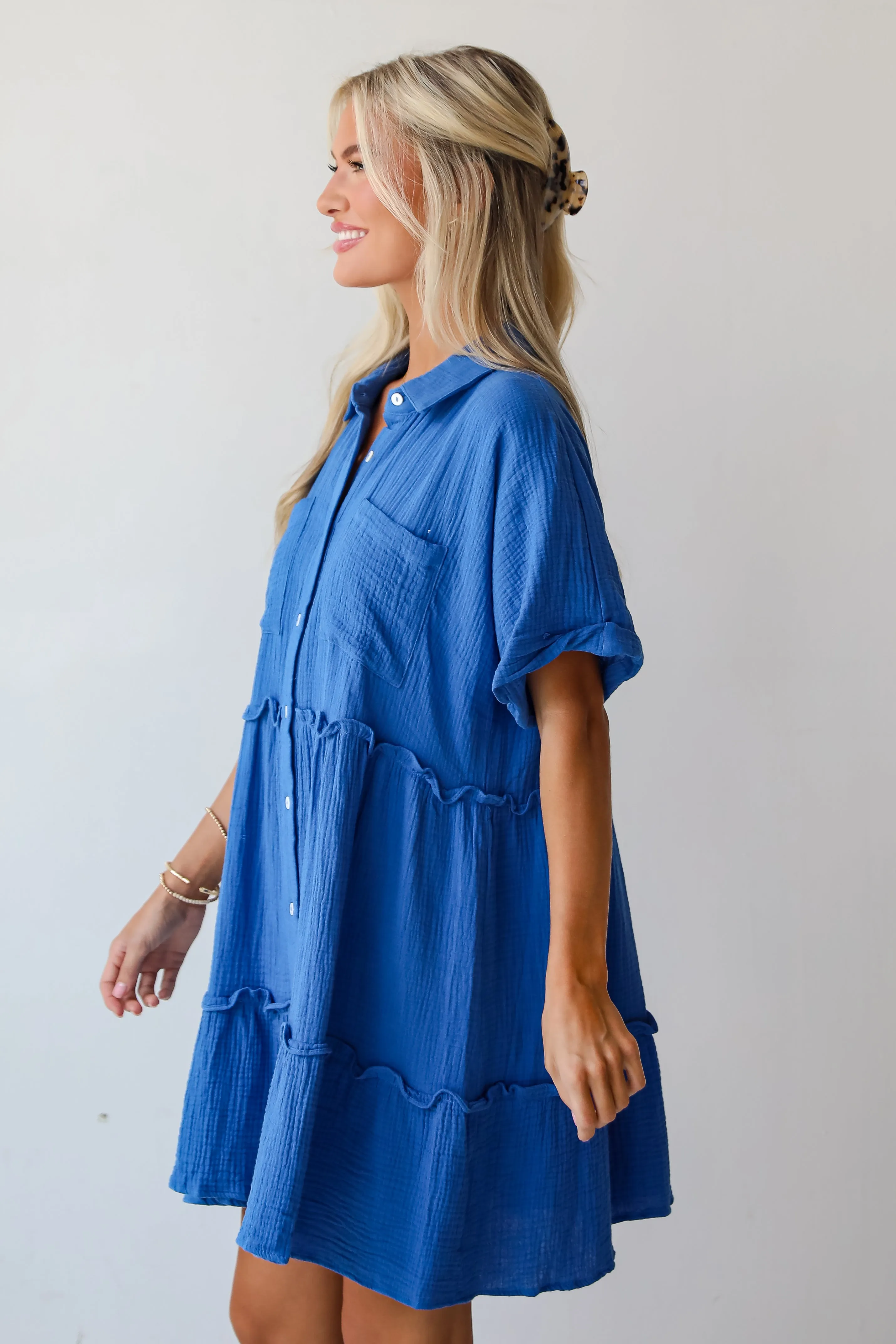 FINAL SALE - Charming Dynamic Royal Blue Linen Tiered Mini Dress