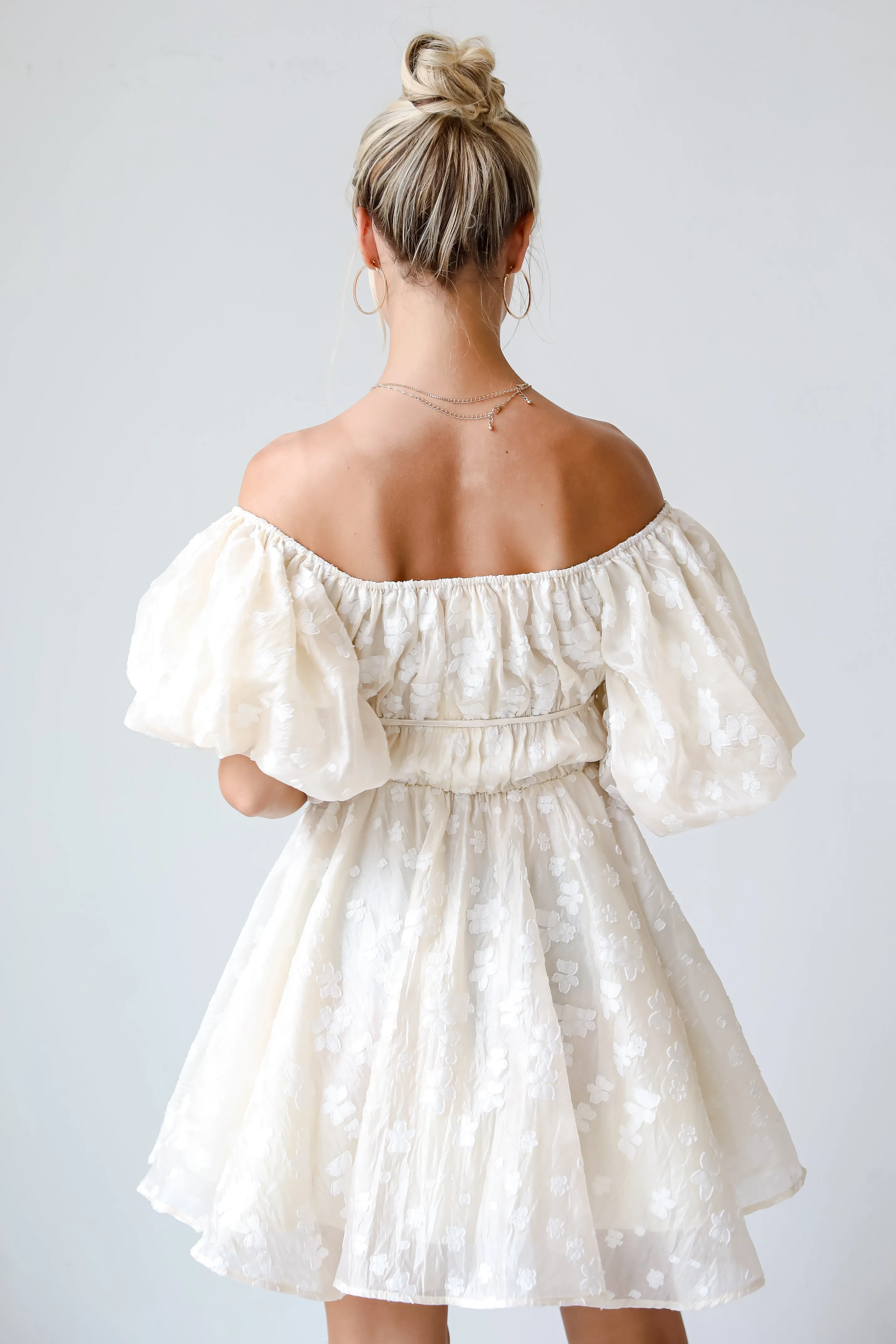 FINAL SALE - Garden Radiance Ivory Floral Puff Sleeve Mini Dress