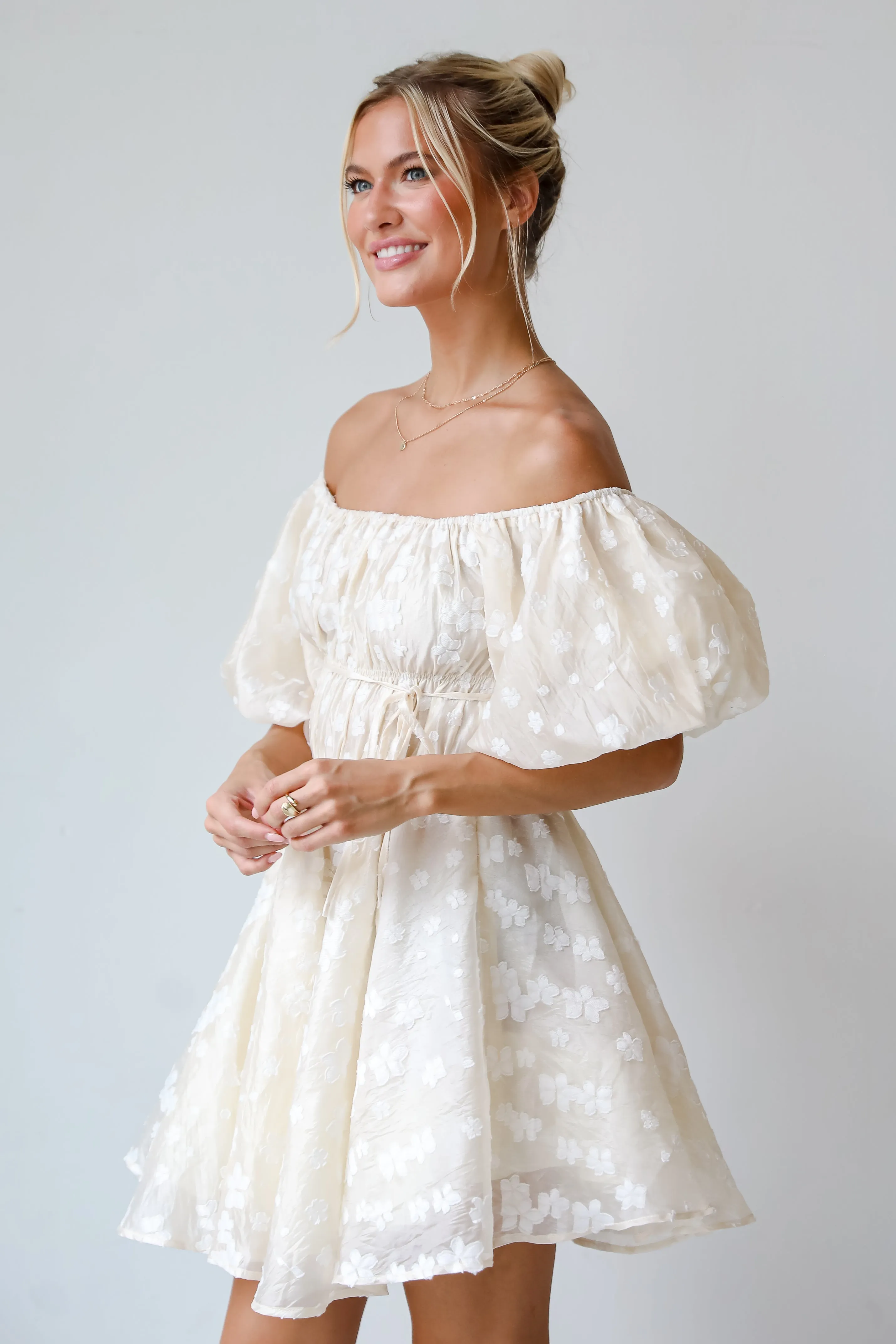 FINAL SALE - Garden Radiance Ivory Floral Puff Sleeve Mini Dress