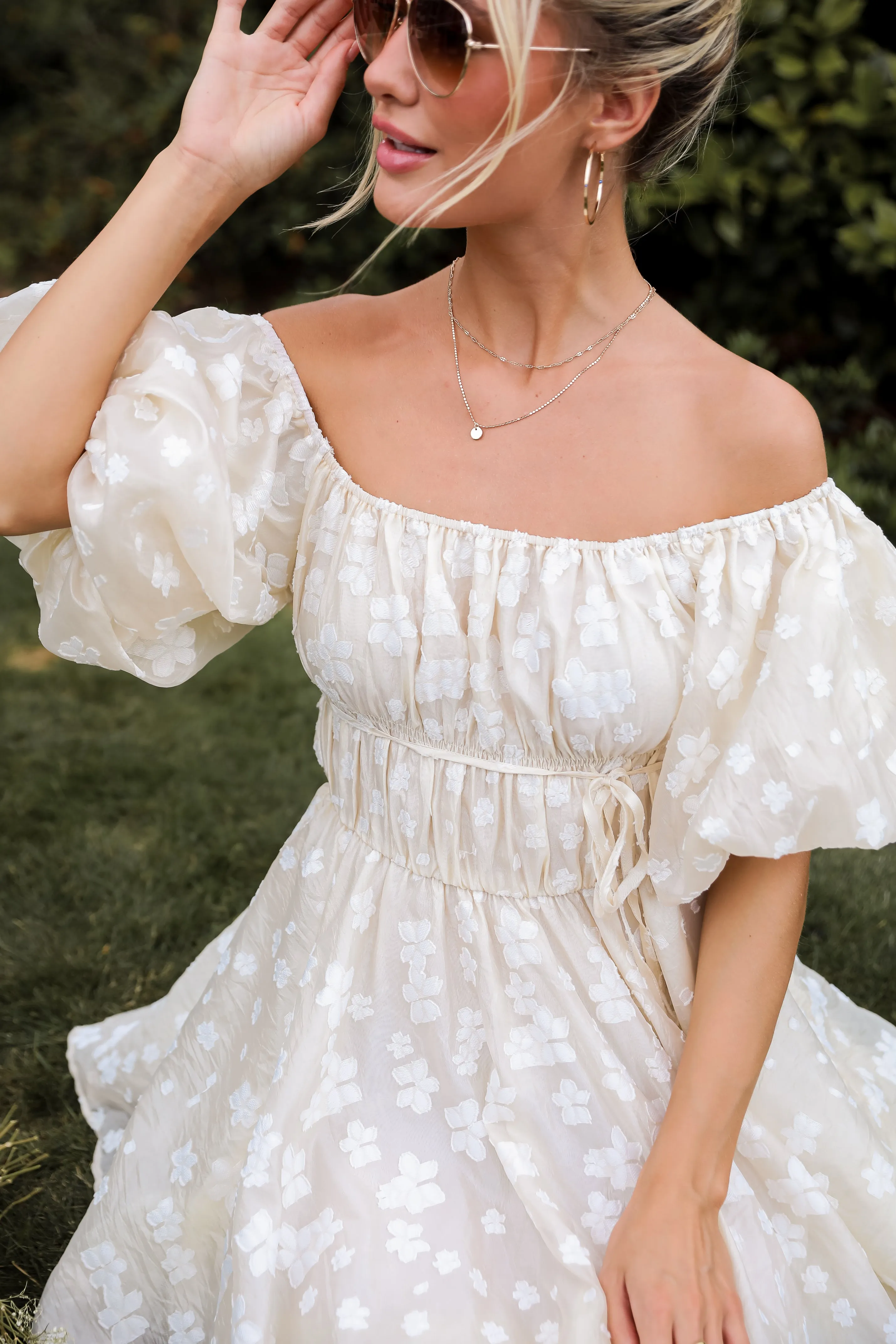 FINAL SALE - Garden Radiance Ivory Floral Puff Sleeve Mini Dress