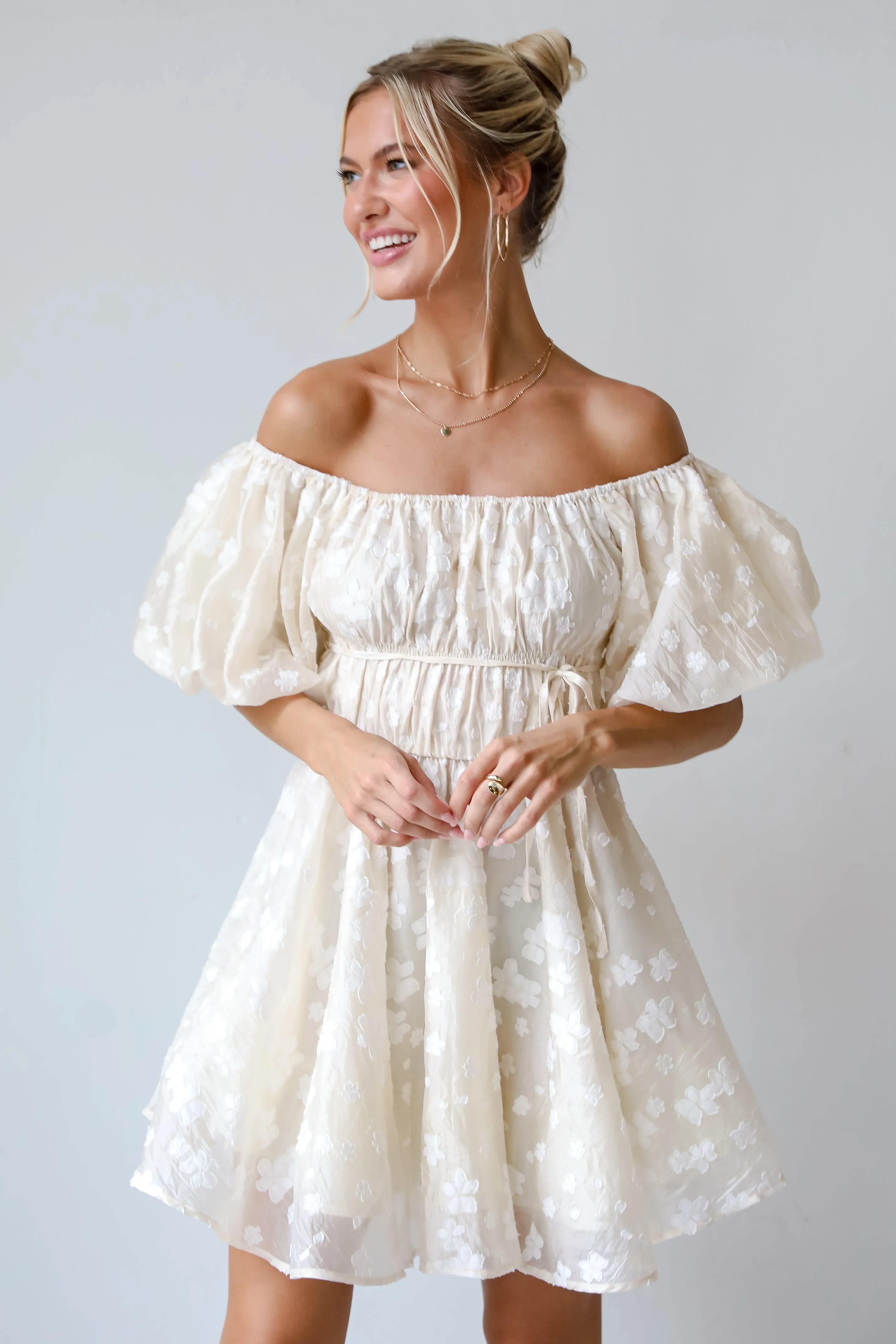 FINAL SALE - Garden Radiance Ivory Floral Puff Sleeve Mini Dress