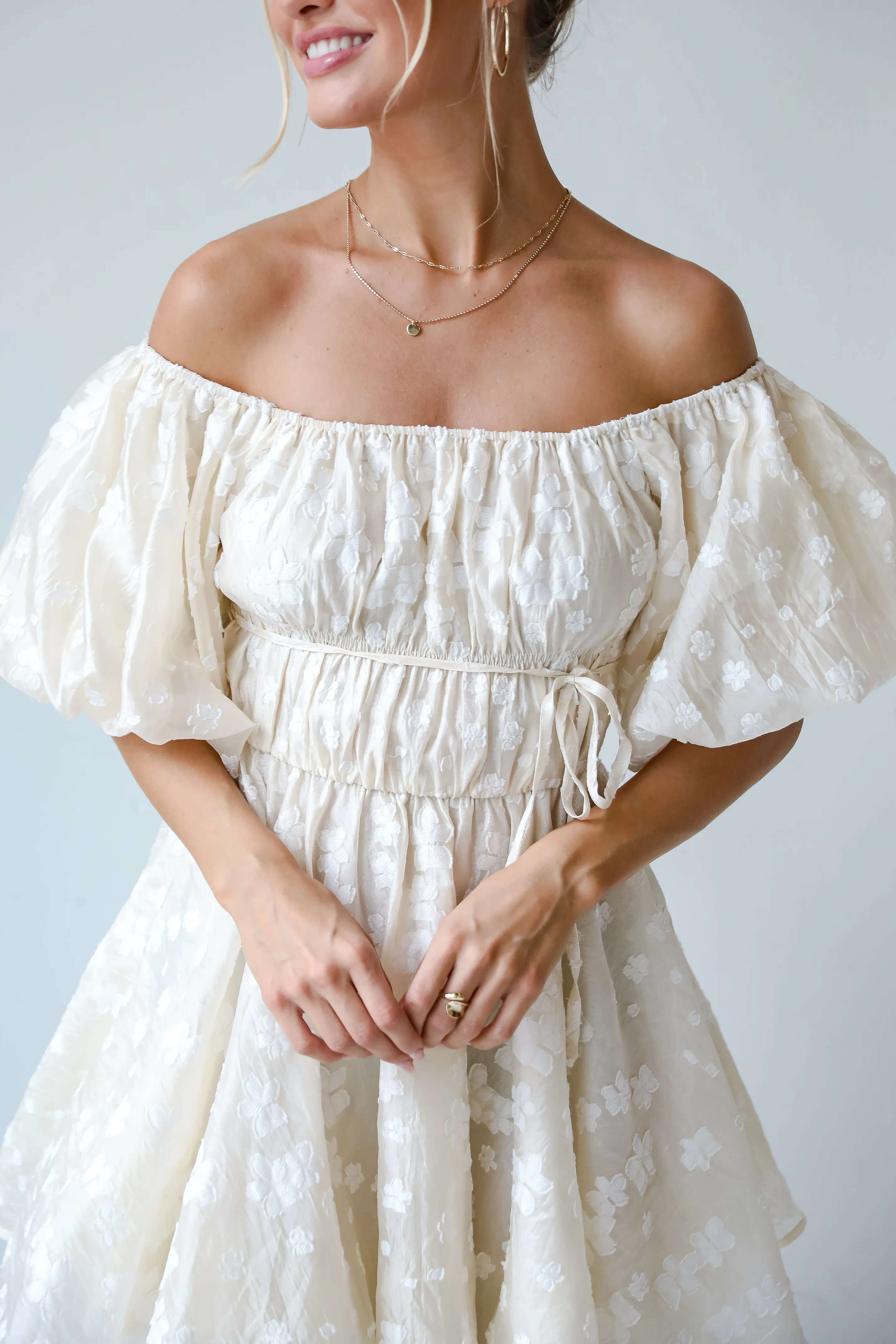 FINAL SALE - Garden Radiance Ivory Floral Puff Sleeve Mini Dress