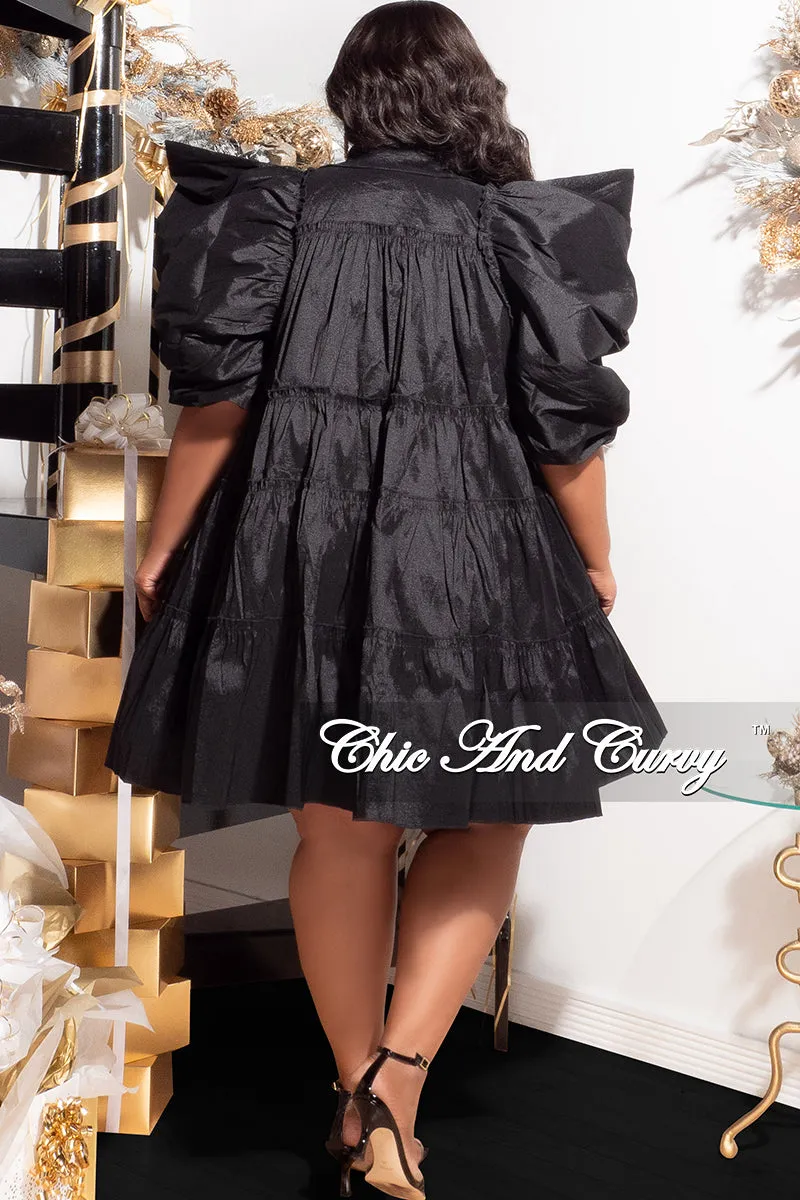 Final Sale Plus Size Puffy Sleeve 3-Tiered Button Up Collar Baby Doll Dress in Black