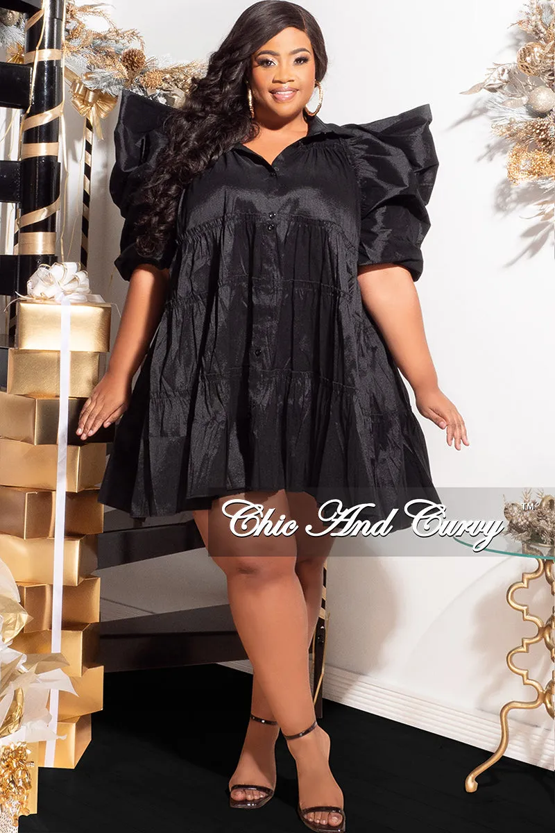 Final Sale Plus Size Puffy Sleeve 3-Tiered Button Up Collar Baby Doll Dress in Black