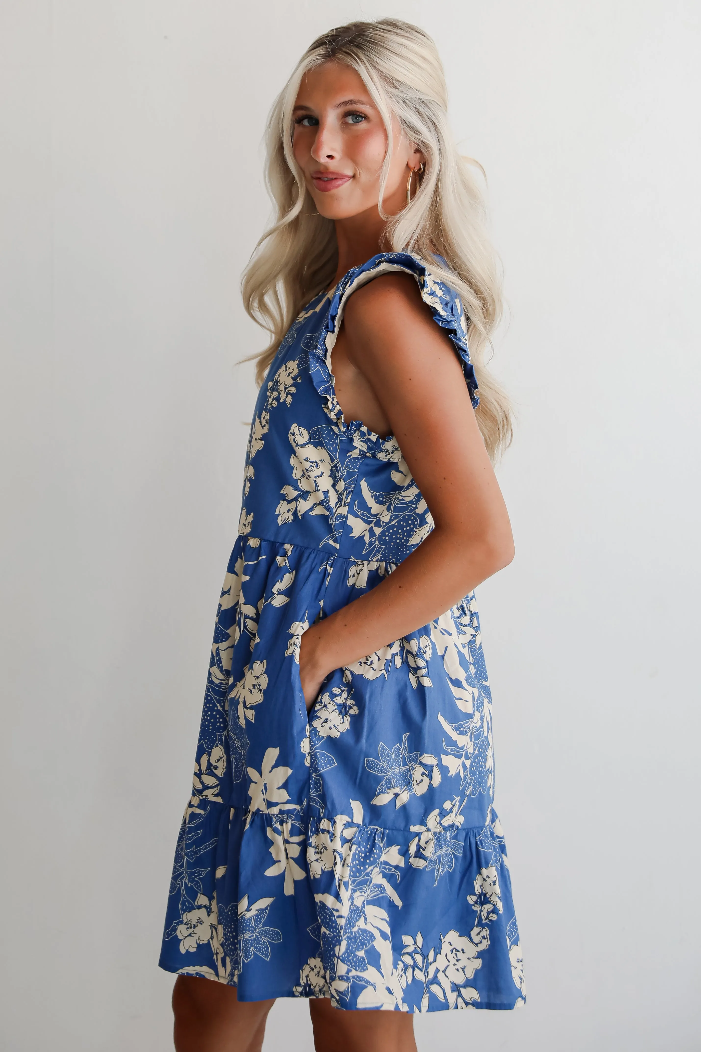 Flirtatious Poise Blue Floral Tiered Mini Dress