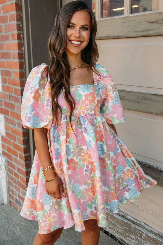 Floral Orange Square Neck Puff Sleeve Babydoll Dress