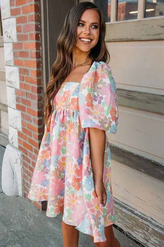 Floral Orange Square Neck Puff Sleeve Babydoll Dress