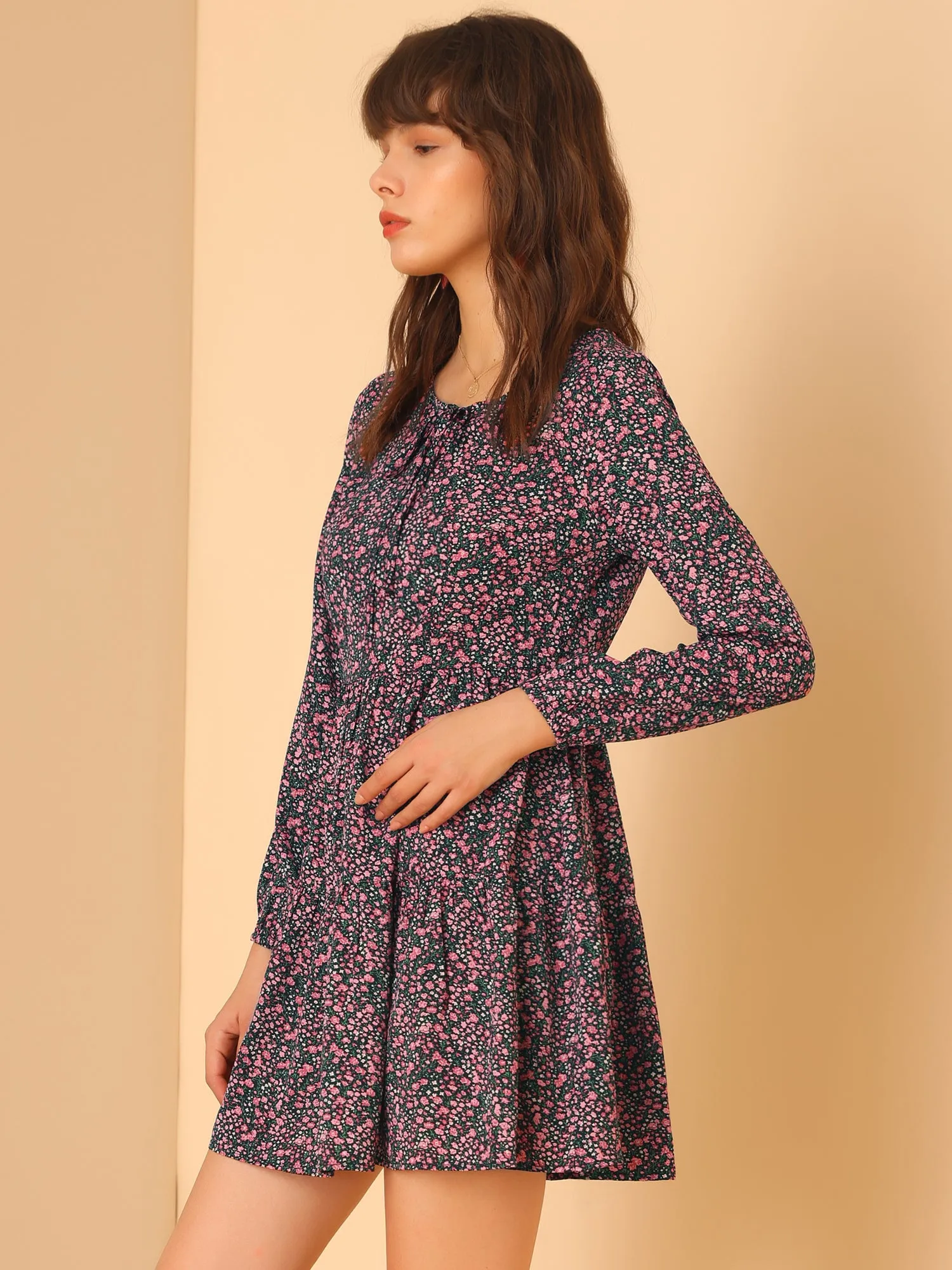 Floral Print Tiered Lightweight Flowy Long Sleeve Dress