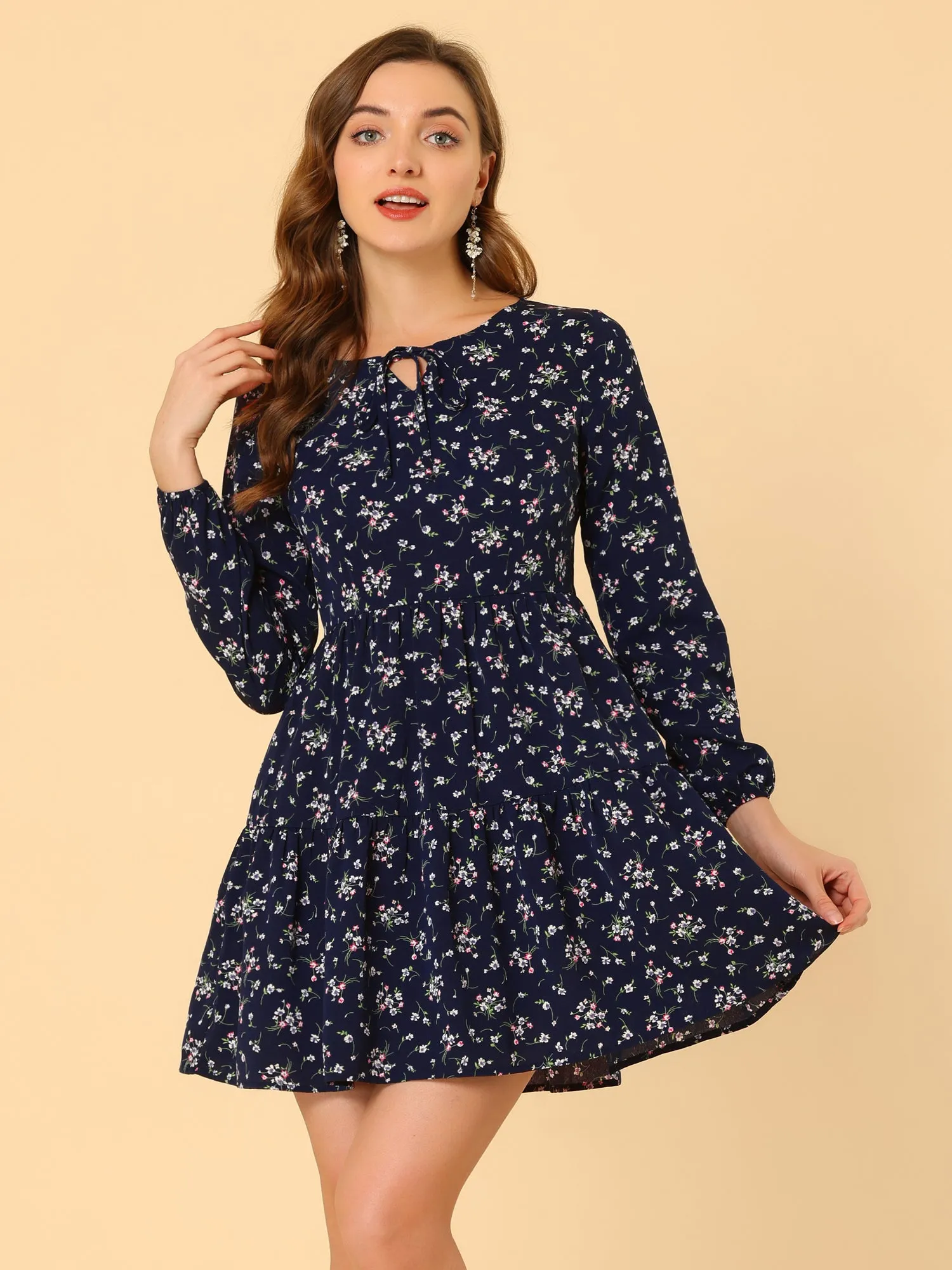 Floral Print Tiered Lightweight Flowy Long Sleeve Dress