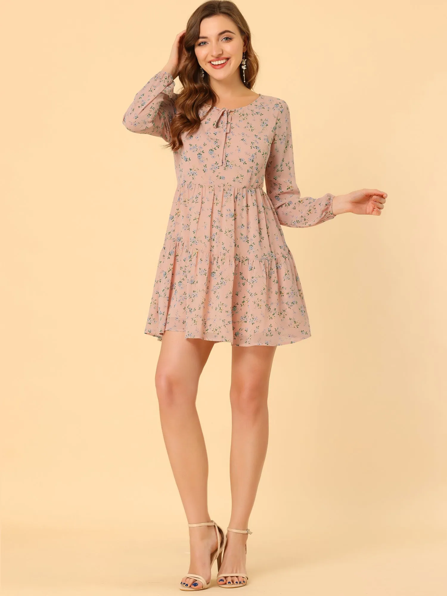 Floral Print Tiered Lightweight Flowy Long Sleeve Dress