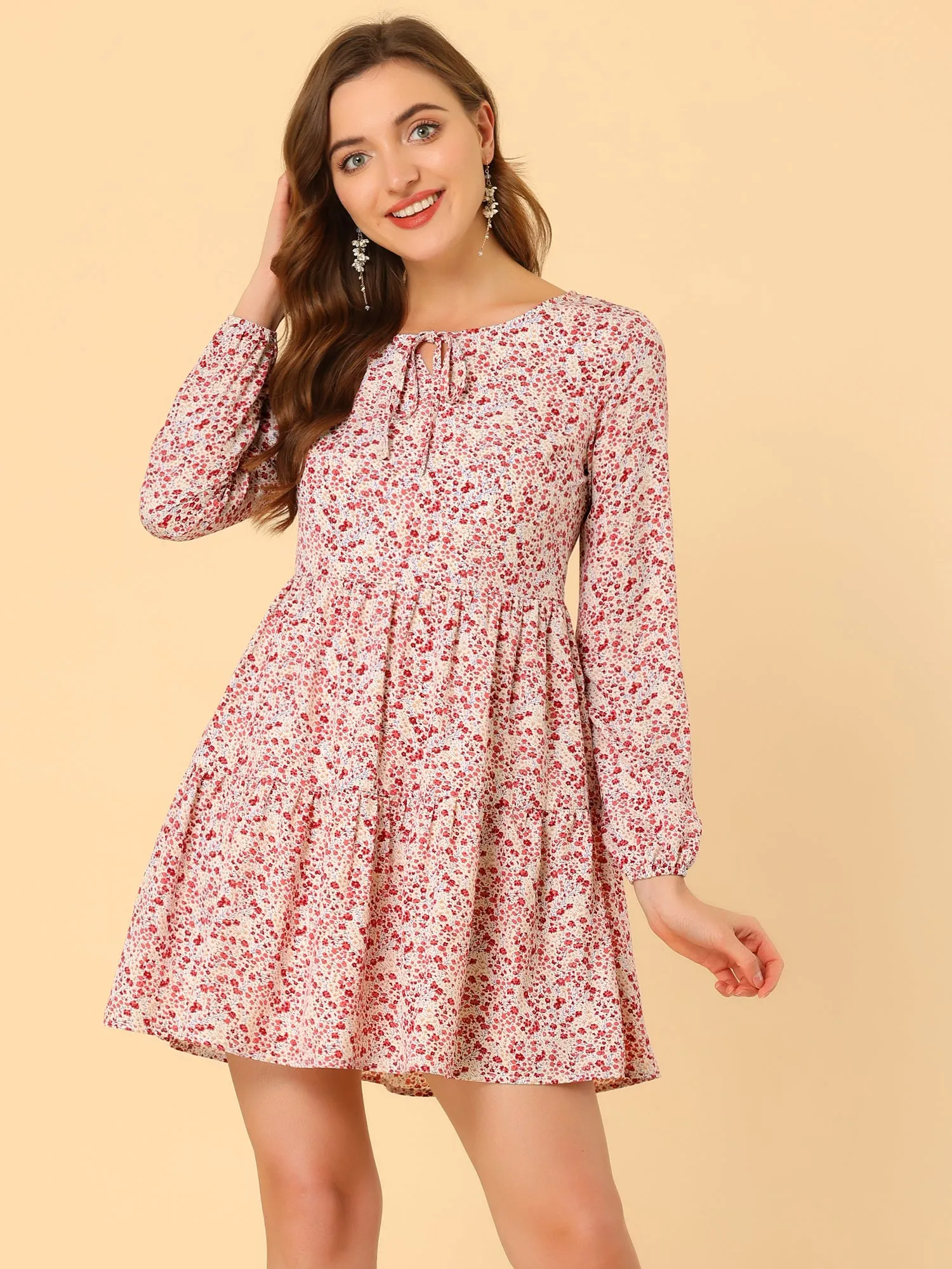 Floral Print Tiered Lightweight Flowy Long Sleeve Dress