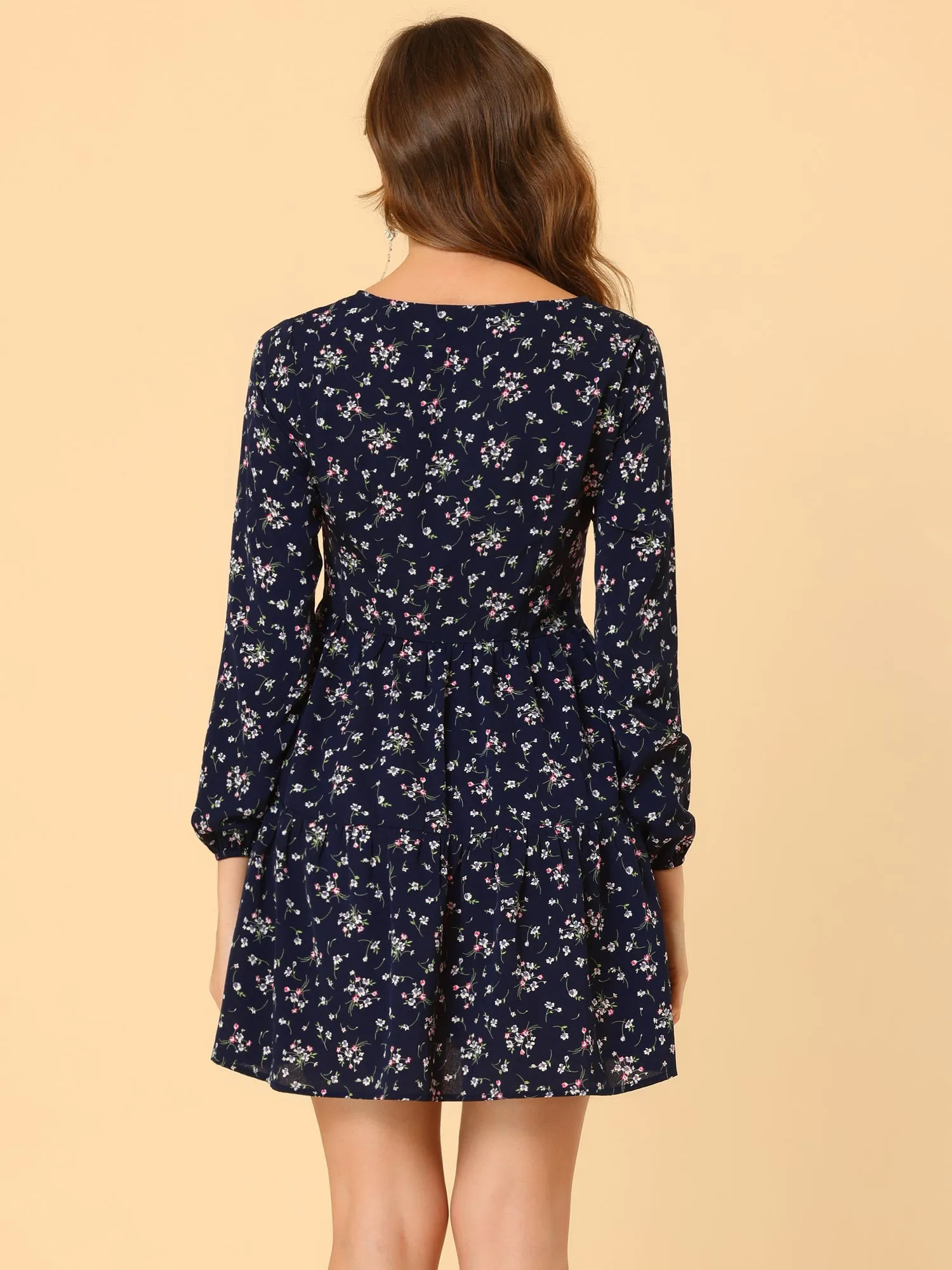 Floral Print Tiered Lightweight Flowy Long Sleeve Dress