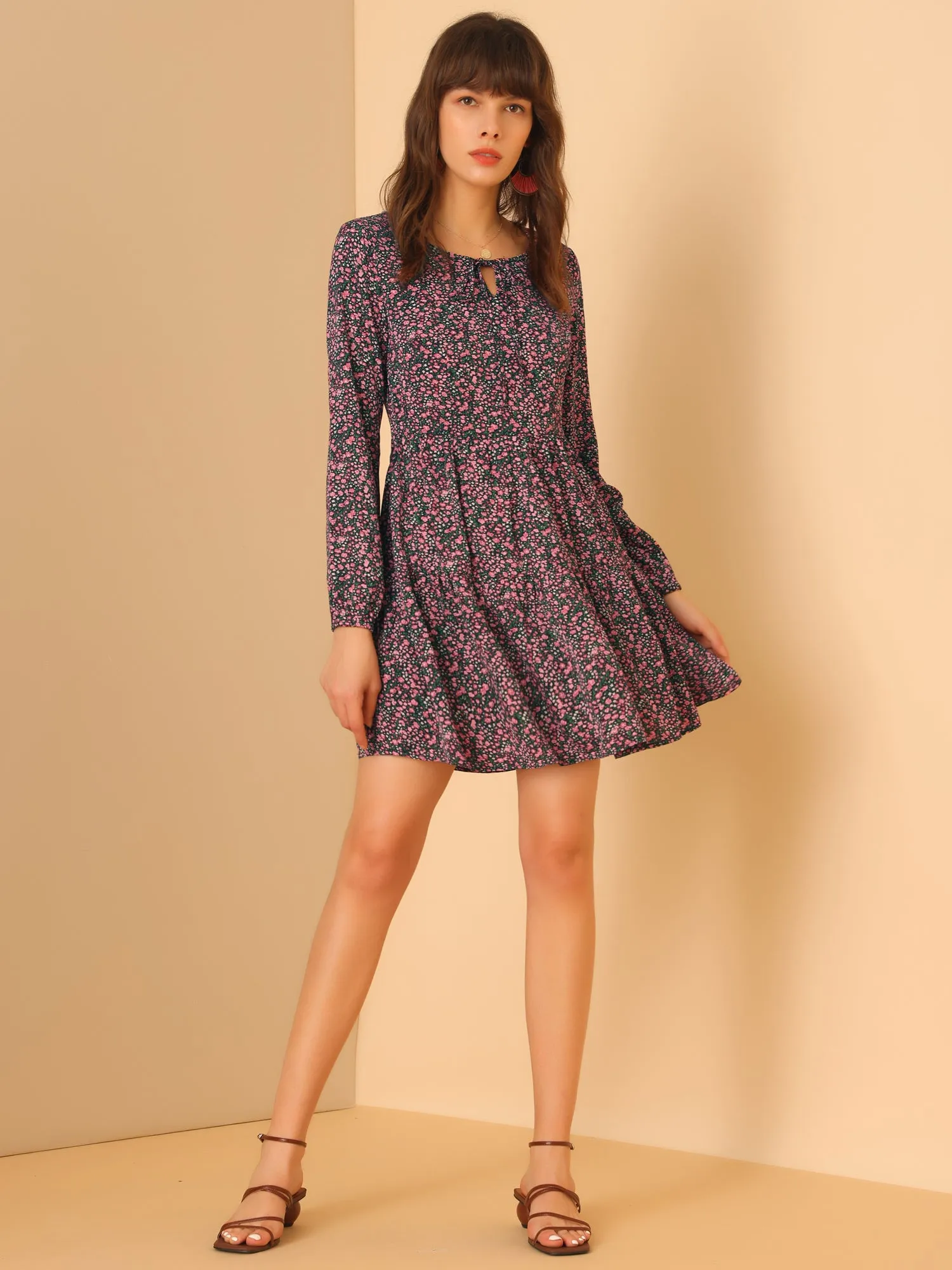 Floral Print Tiered Lightweight Flowy Long Sleeve Dress