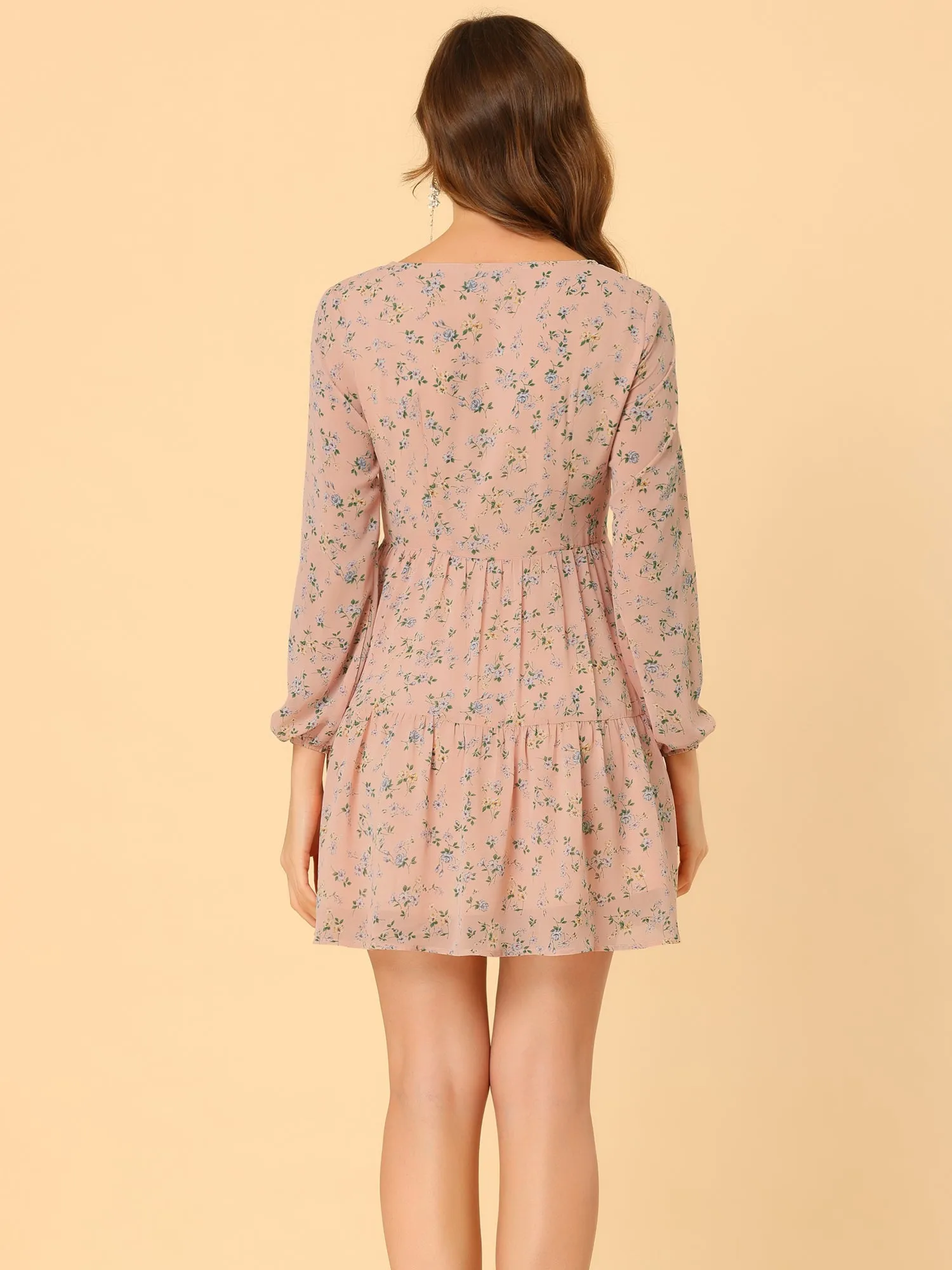 Floral Print Tiered Lightweight Flowy Long Sleeve Dress