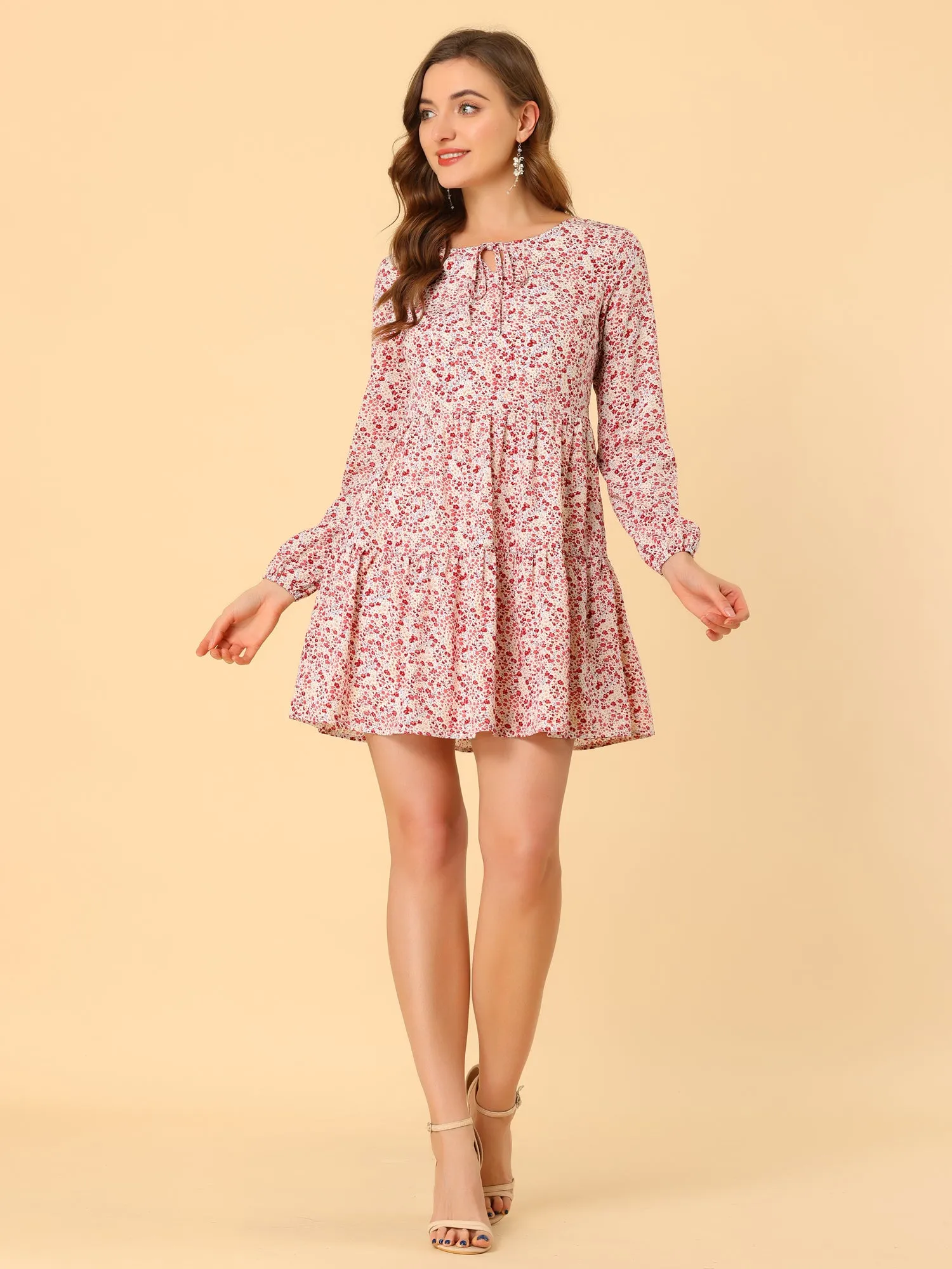 Floral Print Tiered Lightweight Flowy Long Sleeve Dress