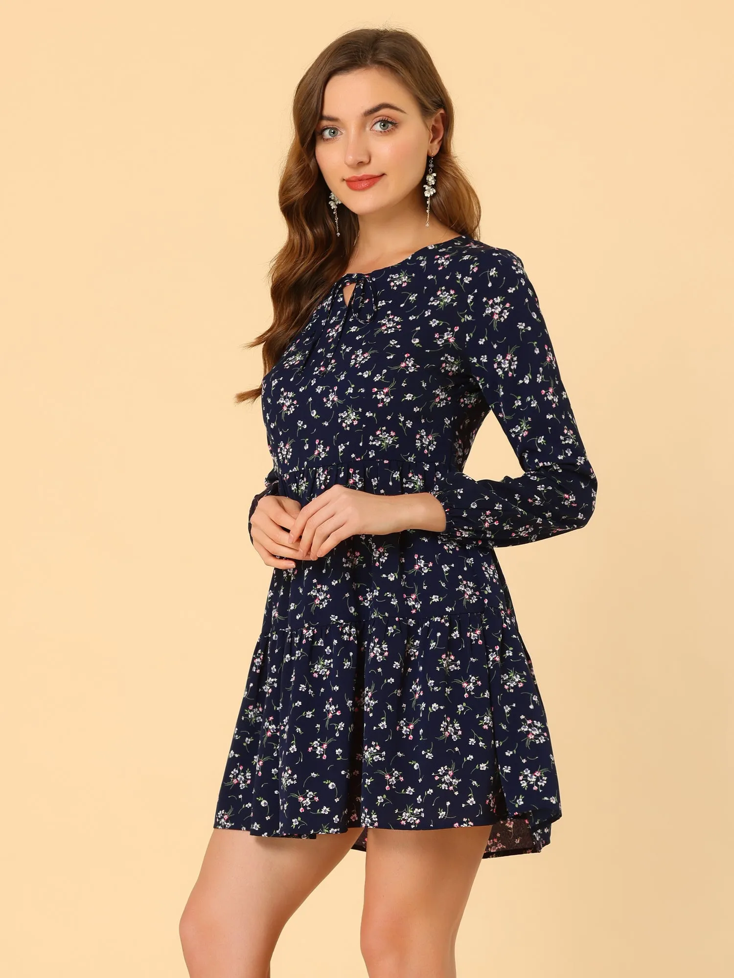 Floral Print Tiered Lightweight Flowy Long Sleeve Dress