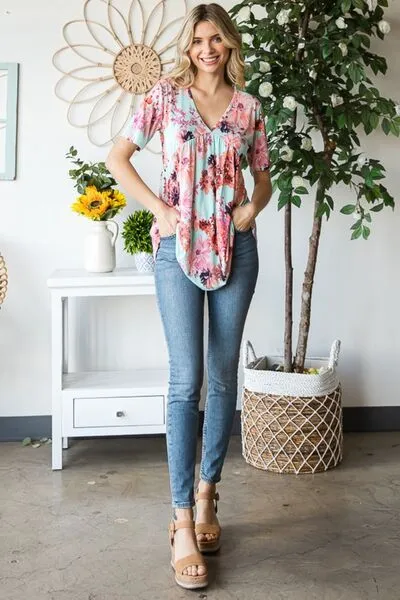 Floral V-Neck Short Sleeve Babydoll Blouse