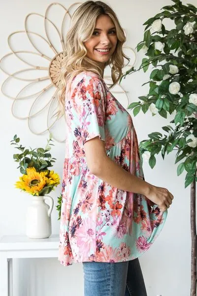 Floral V-Neck Short Sleeve Babydoll Blouse