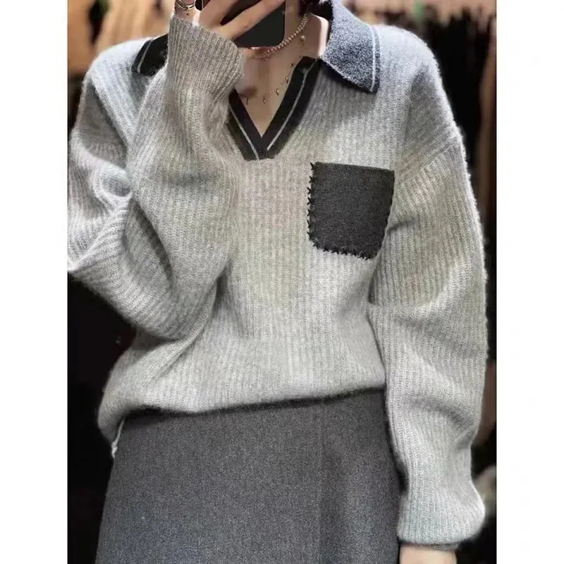 Flytonn-Europe station  new  chic high-grade feeling V collar Woolen sweater women's autumn winter languid lazy wind