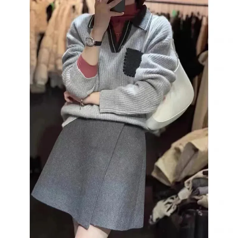 Flytonn-Europe station  new  chic high-grade feeling V collar Woolen sweater women's autumn winter languid lazy wind