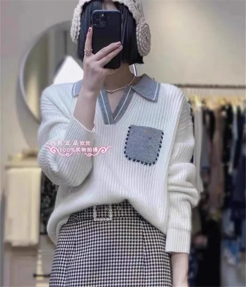 Flytonn-Europe station  new  chic high-grade feeling V collar Woolen sweater women's autumn winter languid lazy wind