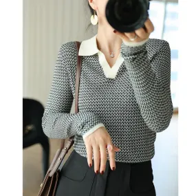 Flytonn-women fall outfits high street ins style  fall outfits women Simple Black and White Corrugated Jacquard Contrast Color Polo Lapel Slimming Sweater Long Sleeve Top for Women Early Autumn New