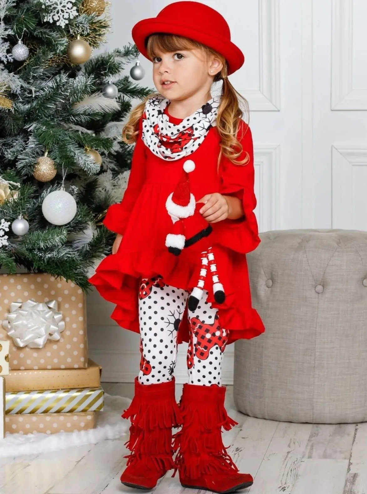 Girls Ruffled Long Sleeve Tunic, Polka Dot Gingerbread Print Leggings And Scarf Set