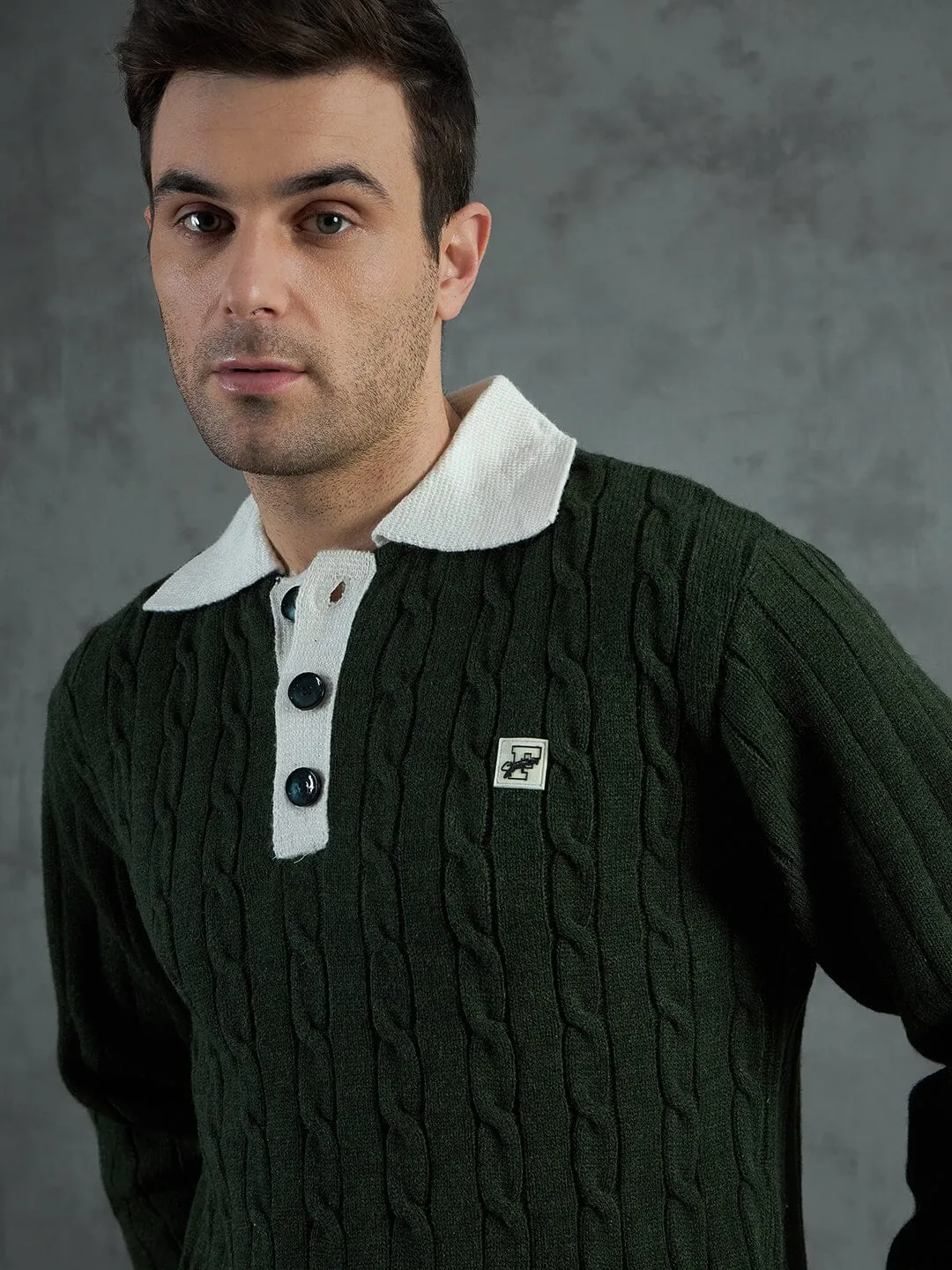 Green Cable Knit Polo Sweater