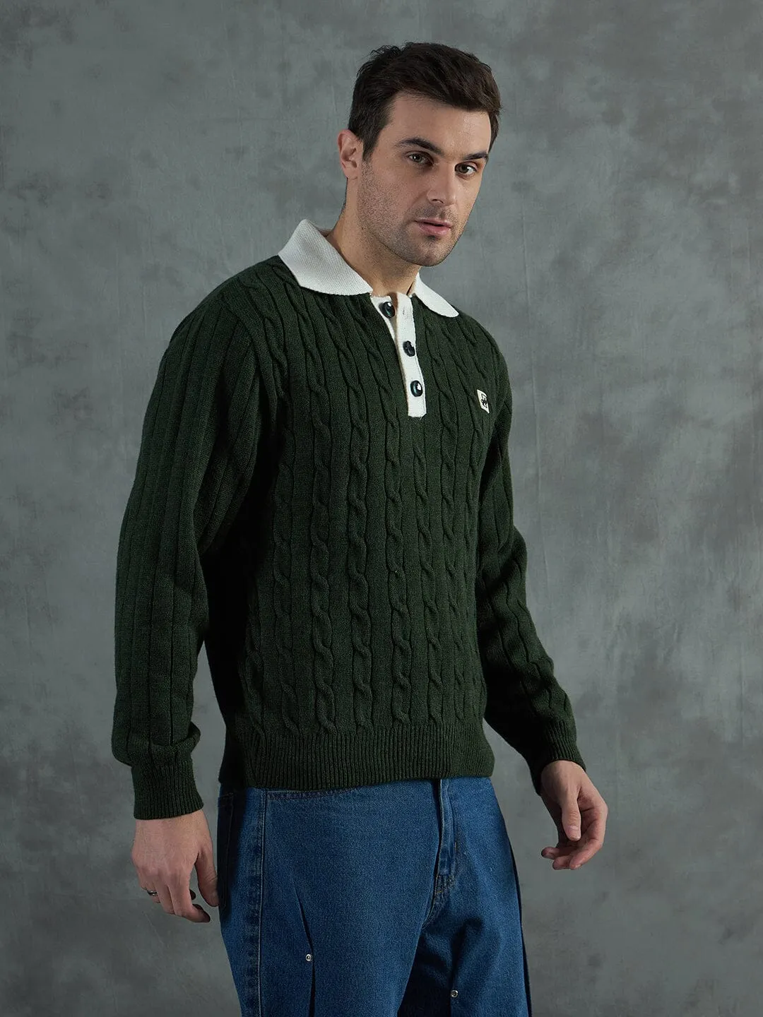 Green Cable Knit Polo Sweater