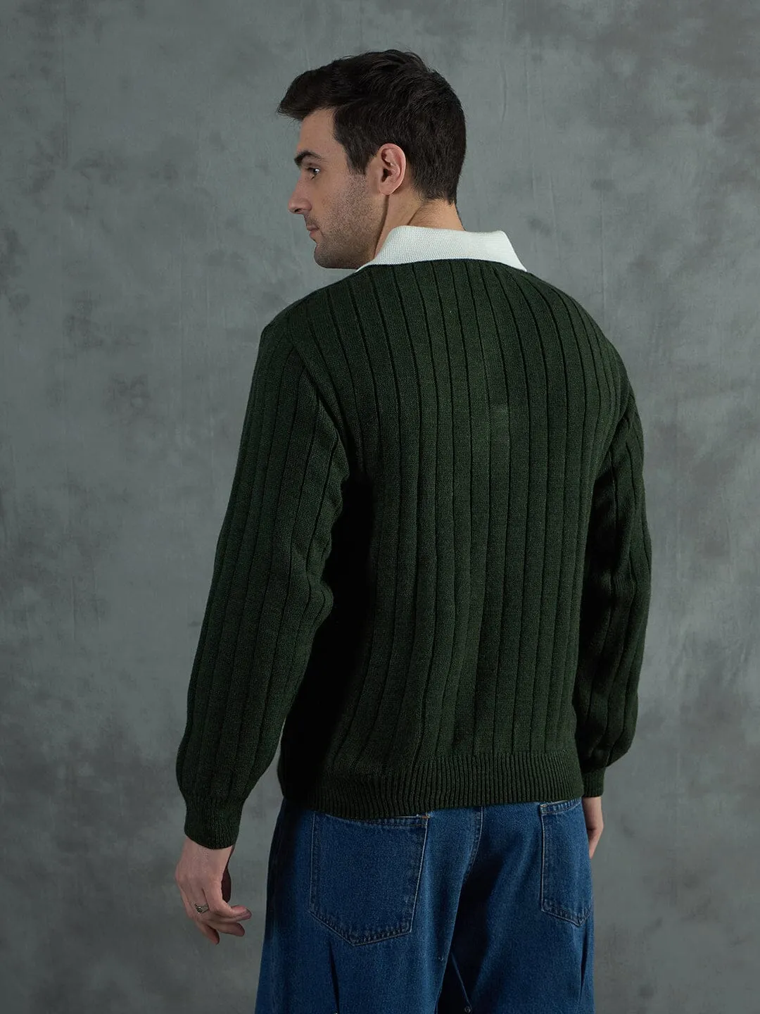 Green Cable Knit Polo Sweater