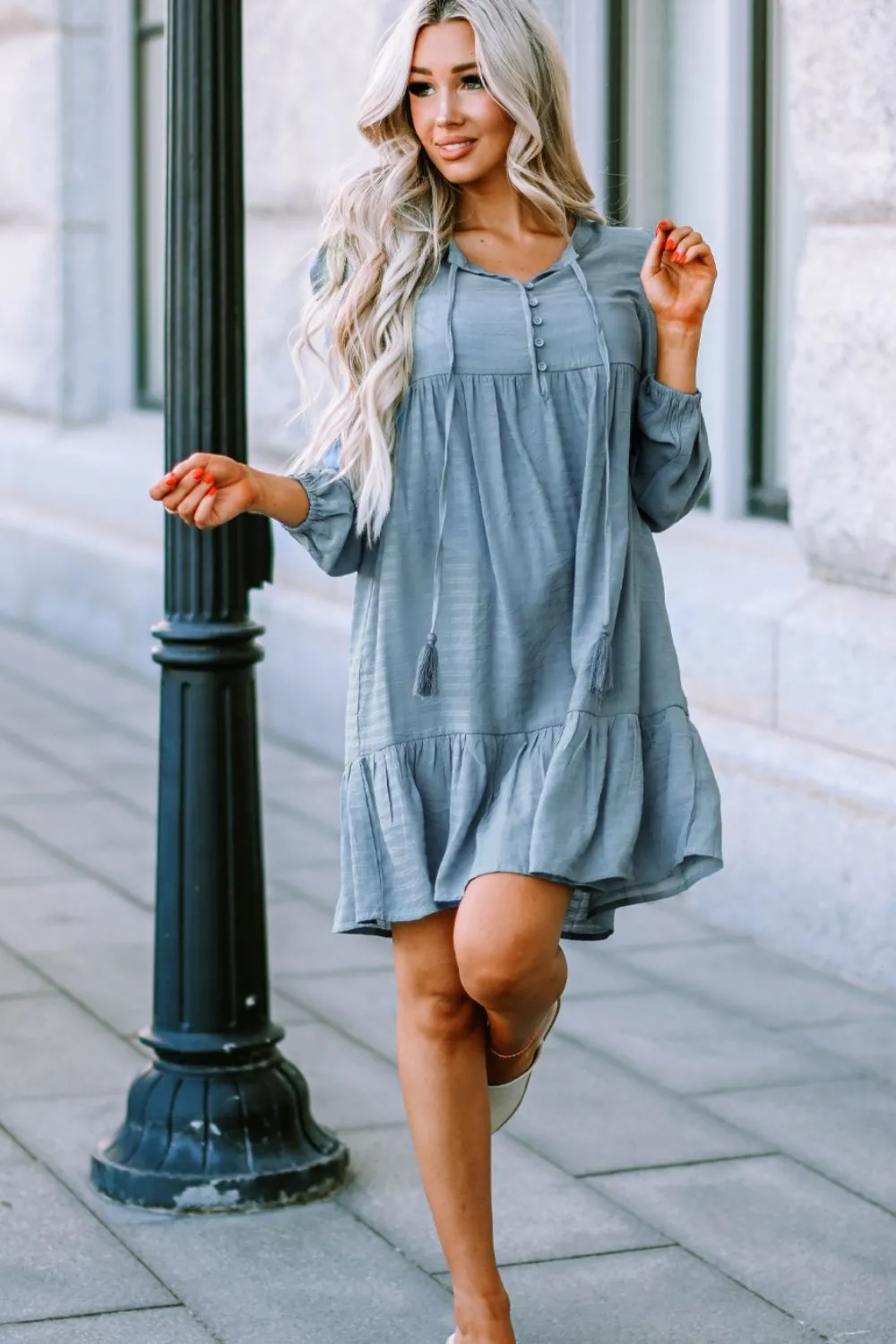 Half Button Ruffle Hem Babydoll Dress