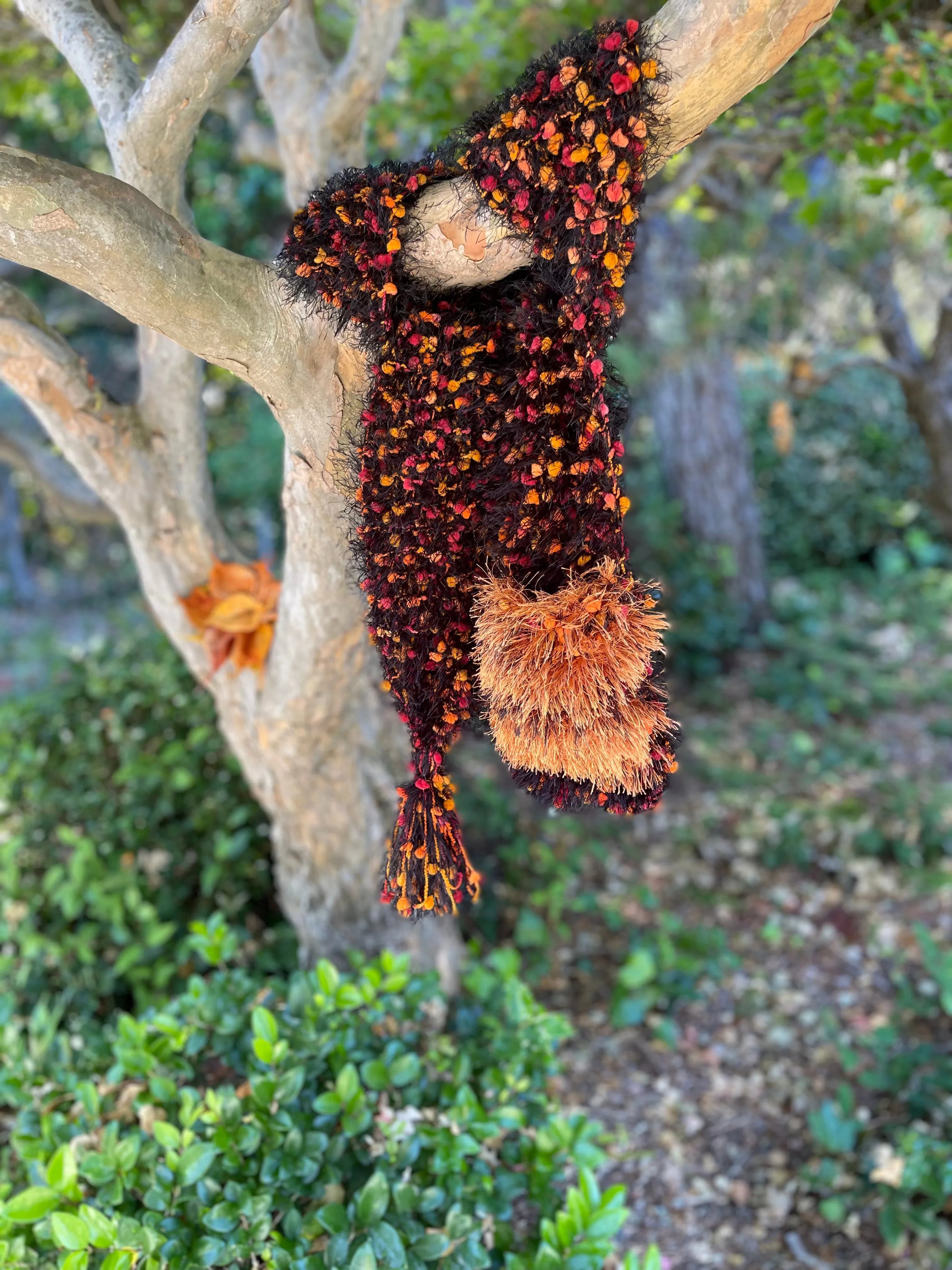 Hand Knitted Scarf for Women with Pocket. Orange, Black Eyelash Fur Yarns