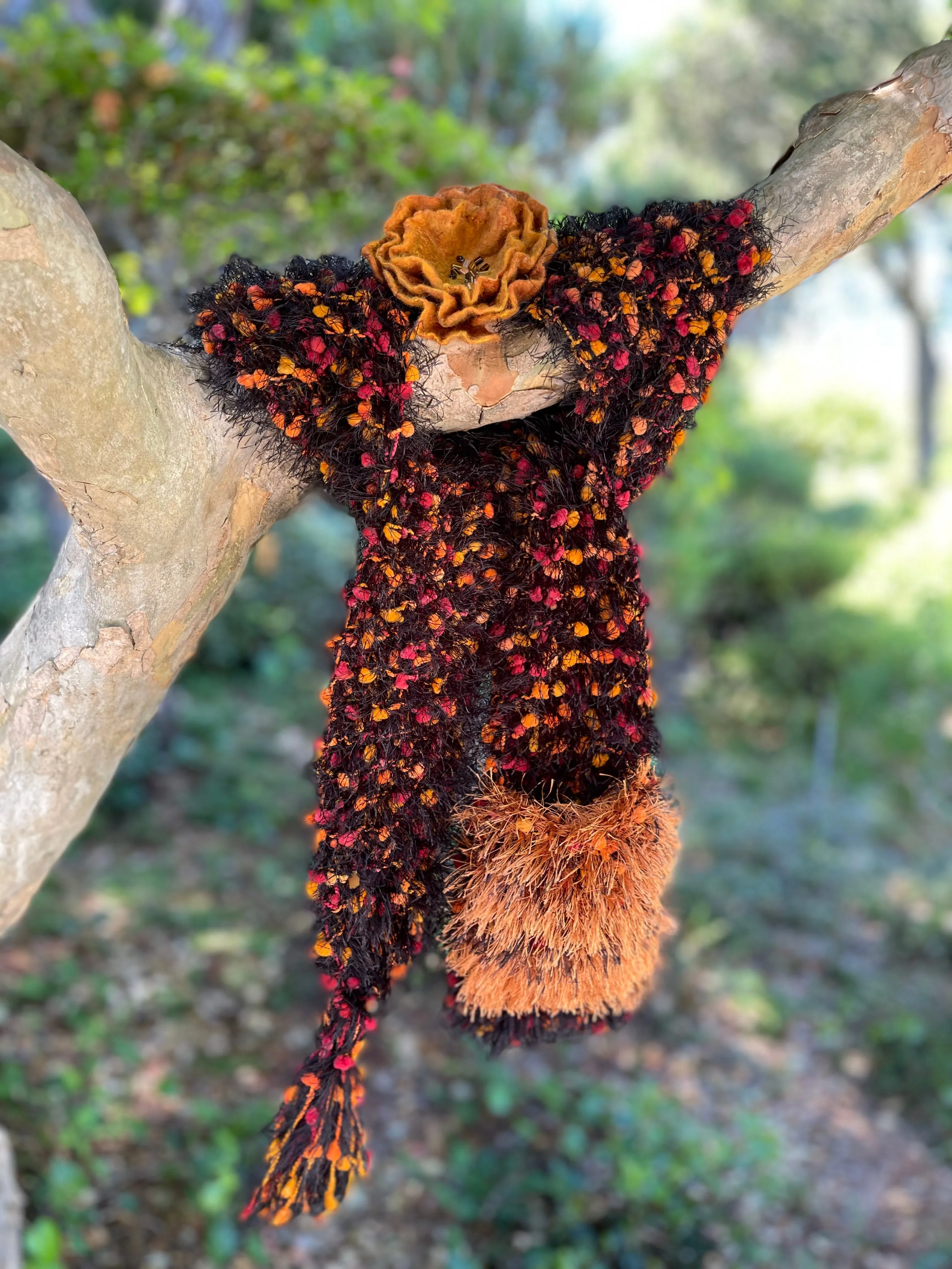 Hand Knitted Scarf for Women with Pocket. Orange, Black Eyelash Fur Yarns