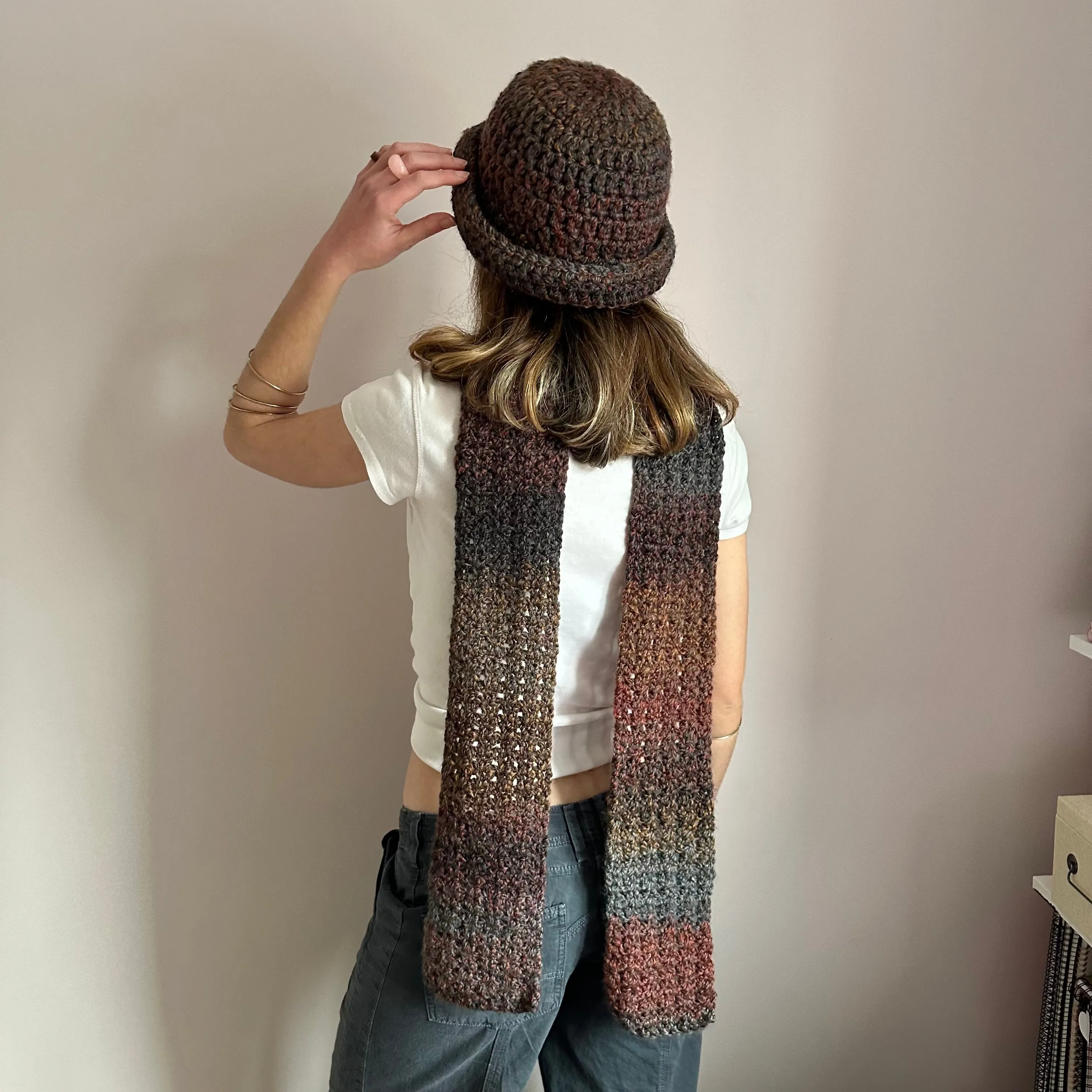 Handmade ombré brown, grey and orange crochet scarf