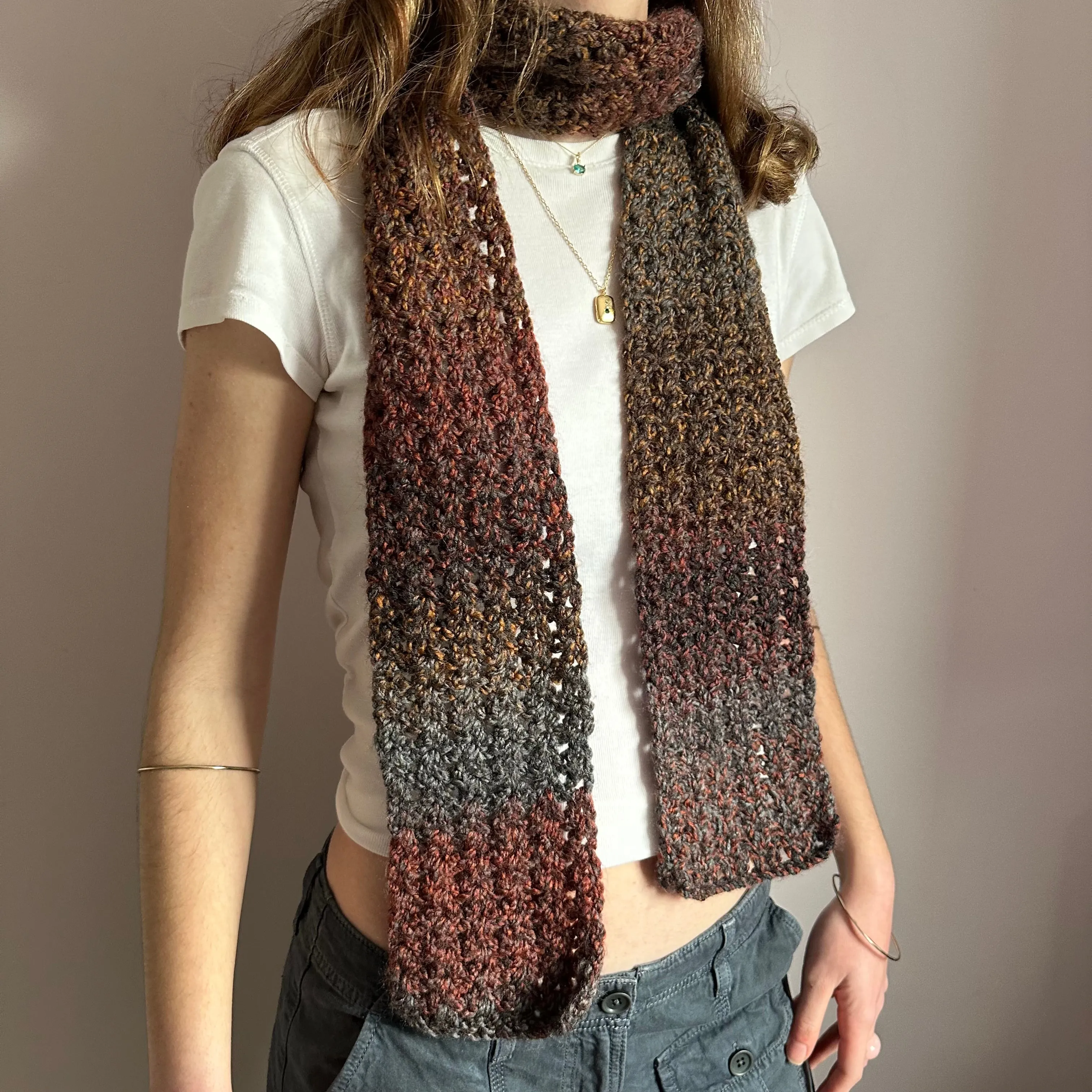 Handmade ombré brown, grey and orange crochet scarf