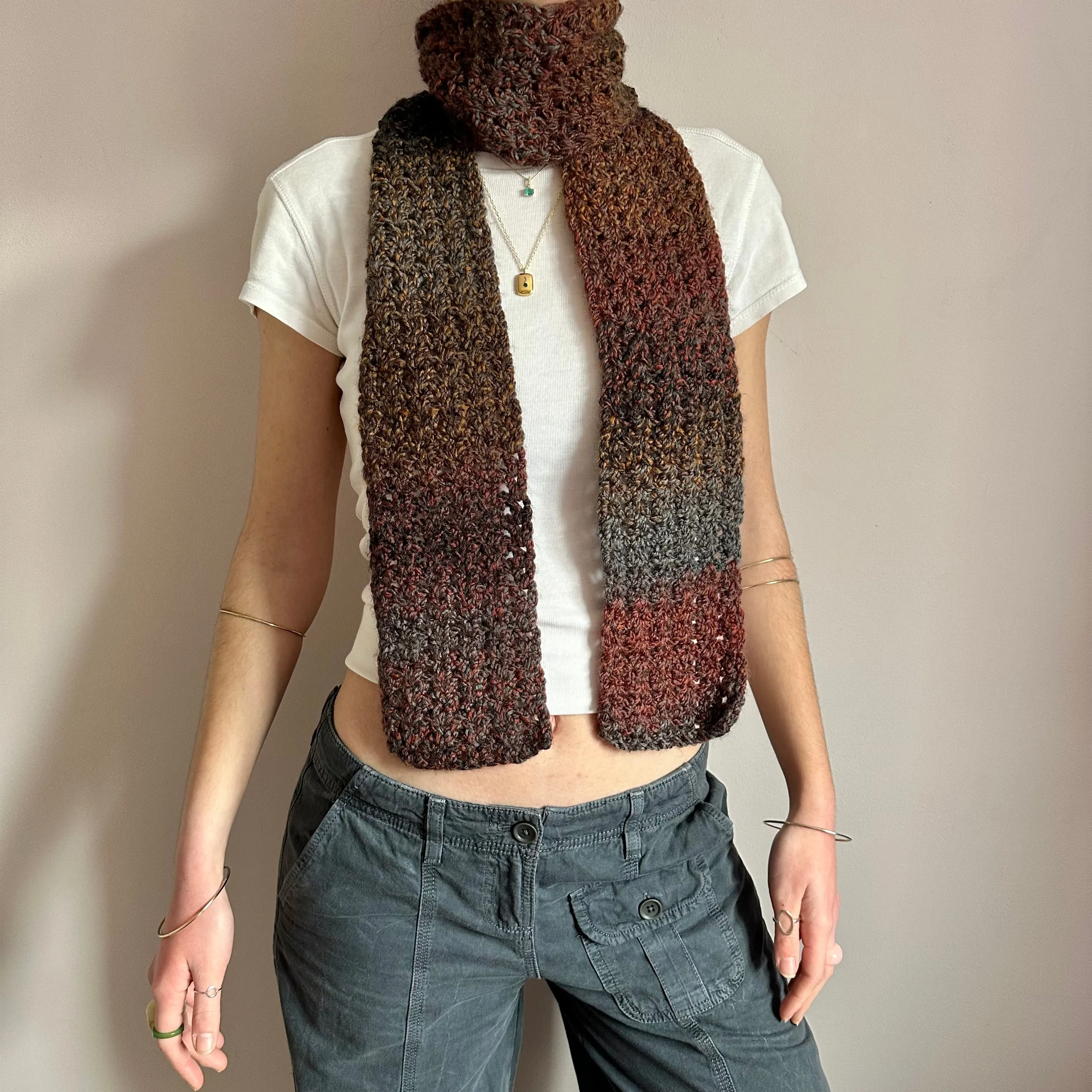 Handmade ombré brown, grey and orange crochet scarf