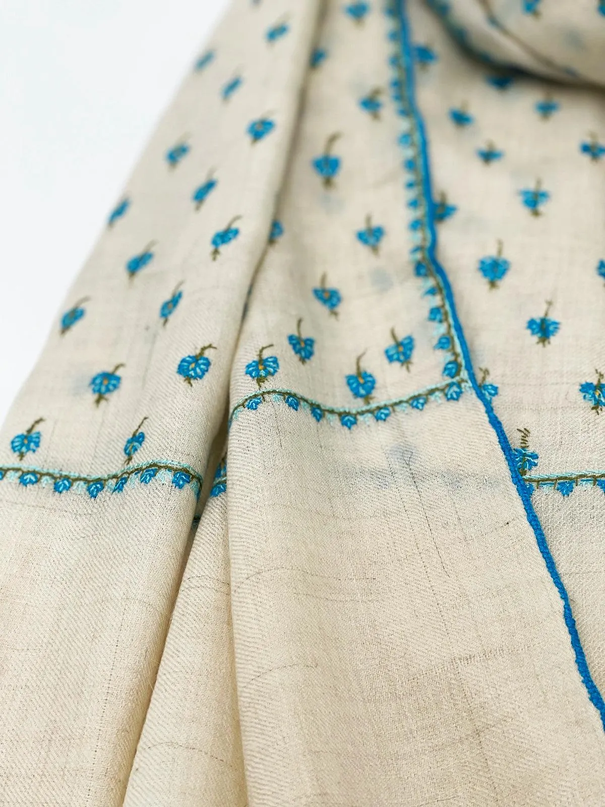 Handwoven 100% Pashmina - WHITE WITH TURQUOISE EMBROIDERY