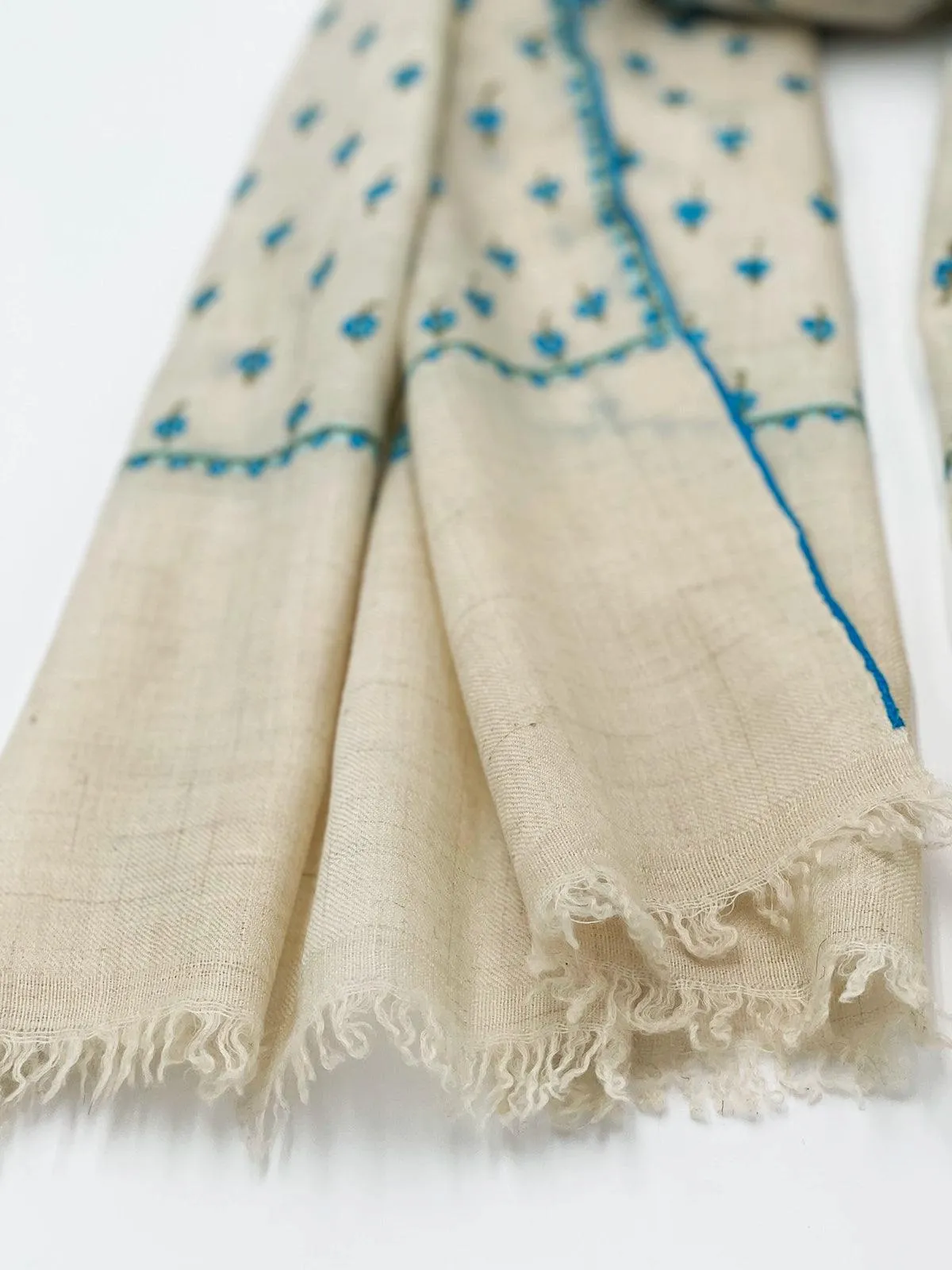 Handwoven 100% Pashmina - WHITE WITH TURQUOISE EMBROIDERY