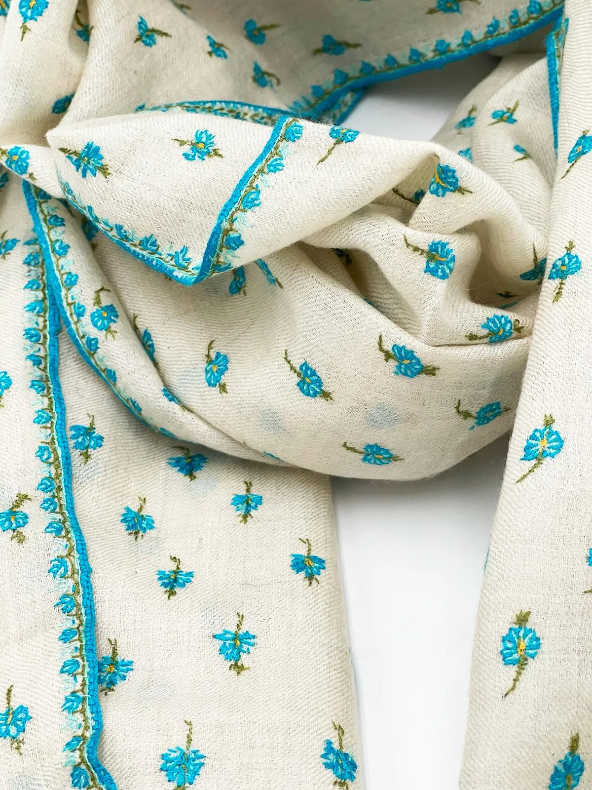 Handwoven 100% Pashmina - WHITE WITH TURQUOISE EMBROIDERY