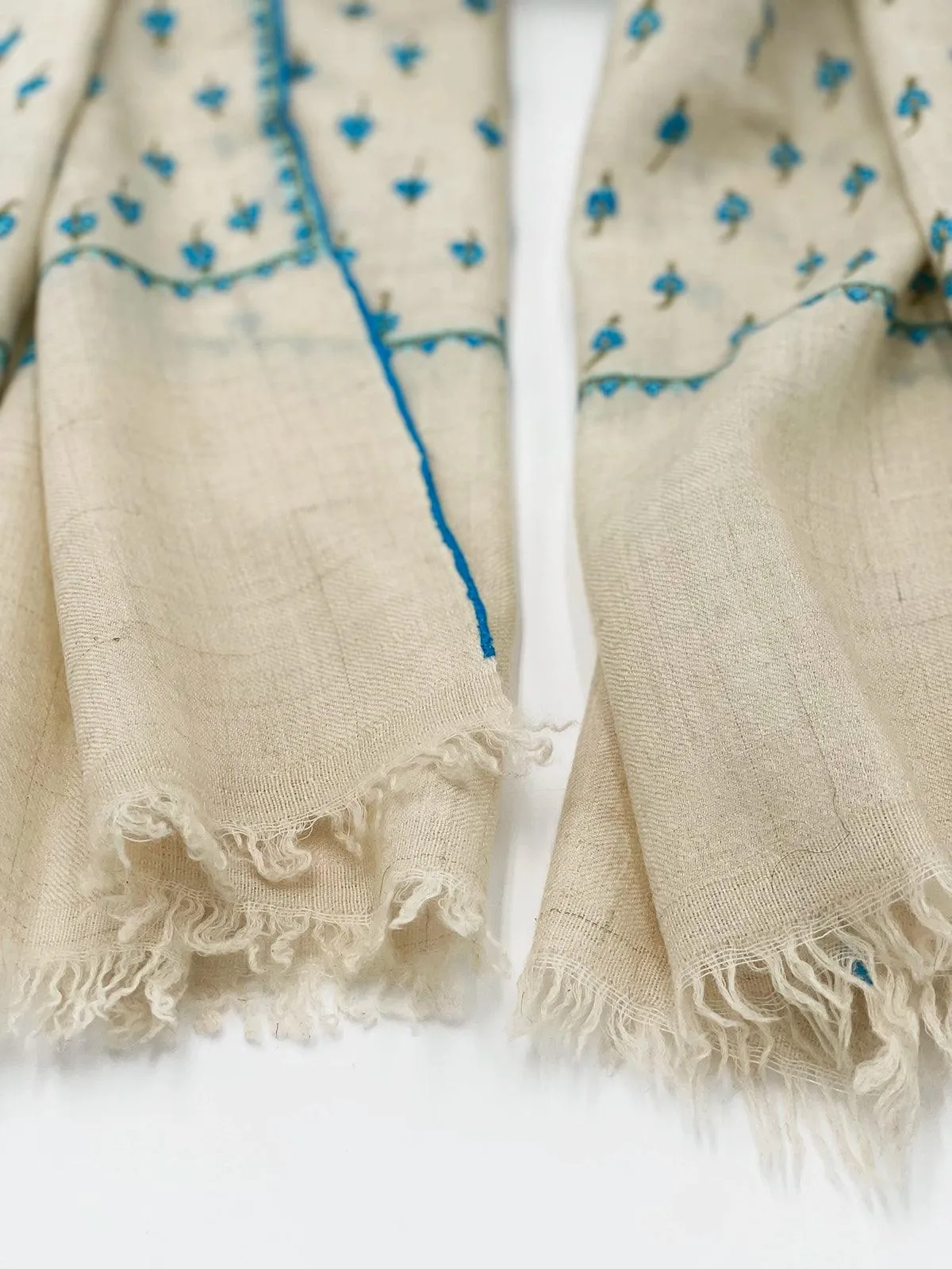 Handwoven 100% Pashmina - WHITE WITH TURQUOISE EMBROIDERY