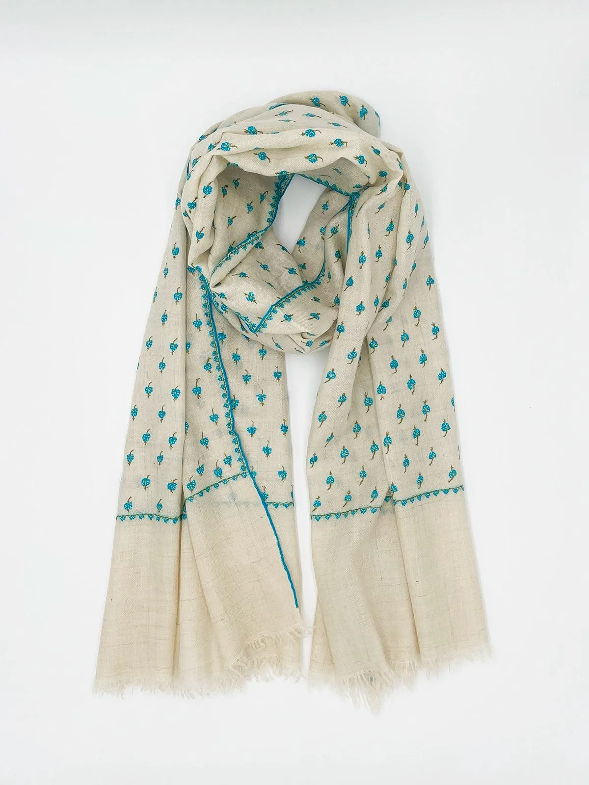 Handwoven 100% Pashmina - WHITE WITH TURQUOISE EMBROIDERY