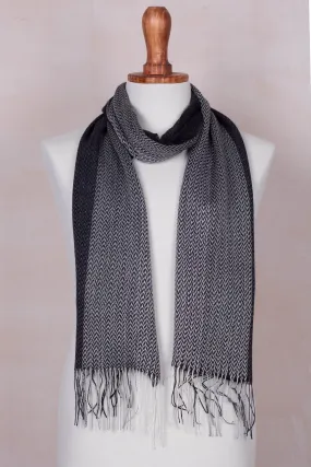 Handwoven Black and Grey Baby Alpaca Blend Scarf from Peru - Emboldened | NOVICA