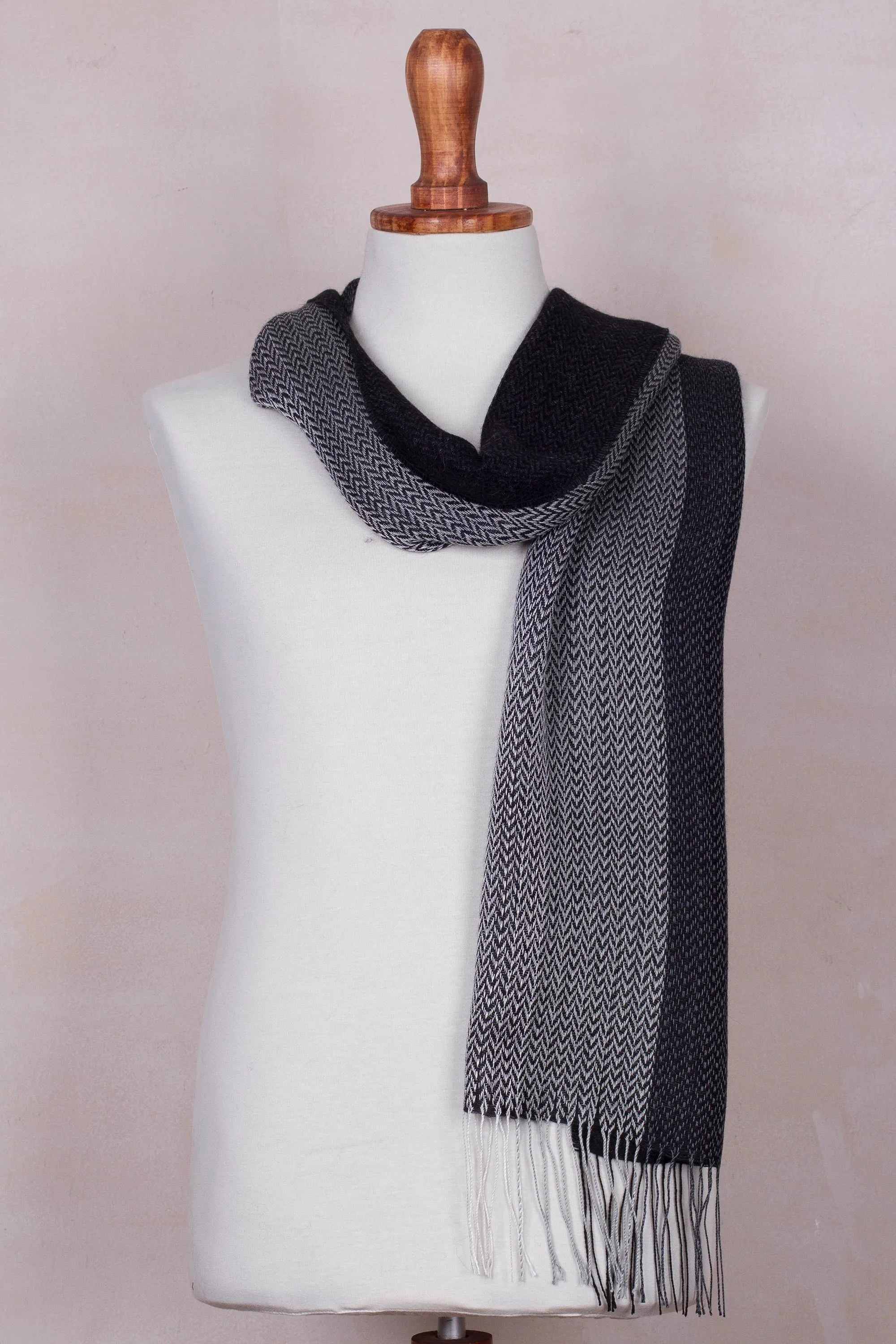 Handwoven Black and Grey Baby Alpaca Blend Scarf from Peru - Emboldened | NOVICA