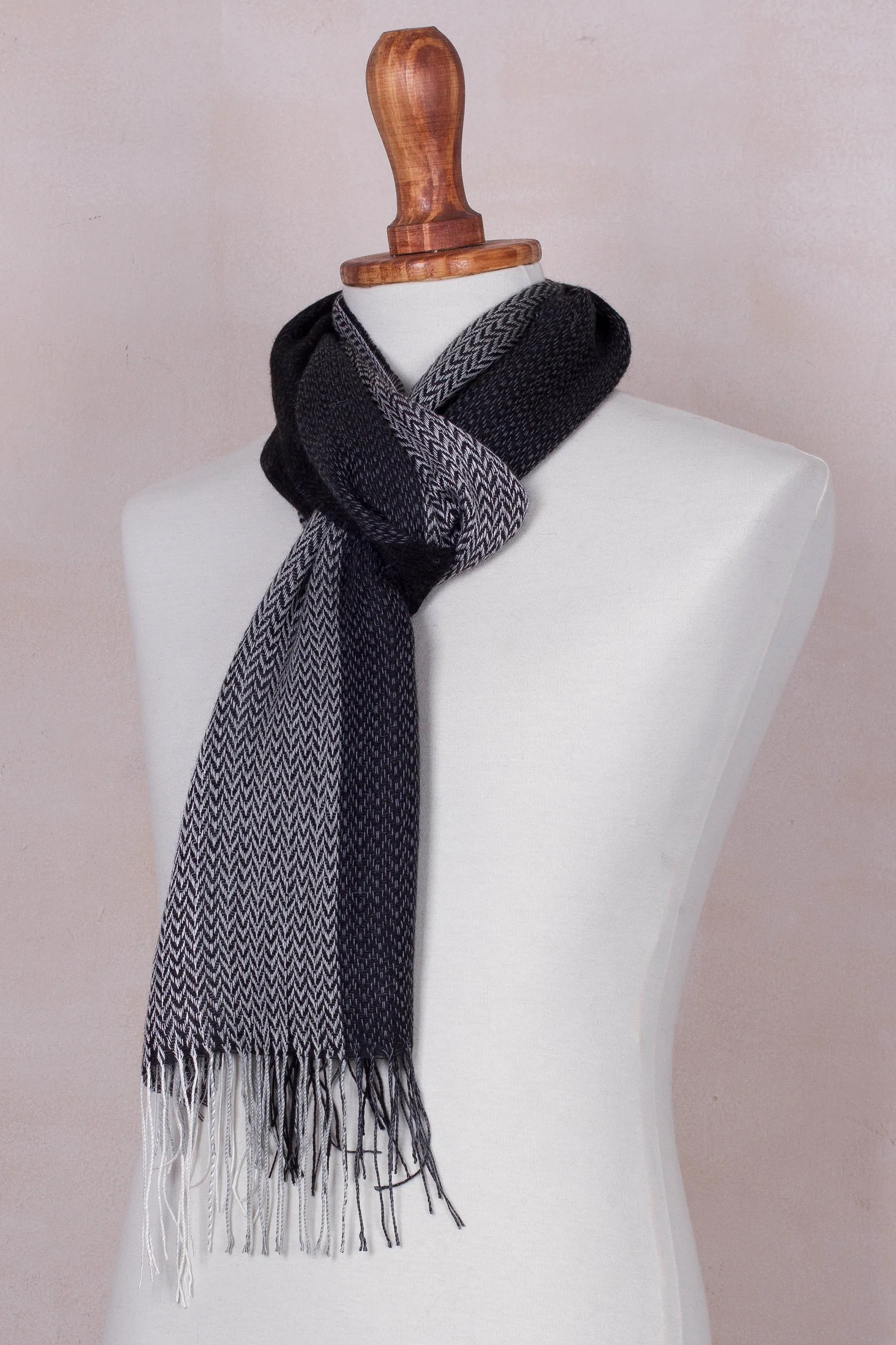 Handwoven Black and Grey Baby Alpaca Blend Scarf from Peru - Emboldened | NOVICA