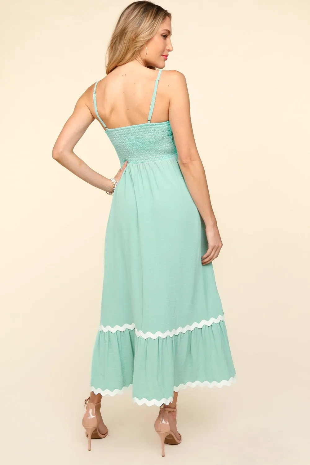 Haptics Solid Color Maxi Dress with Contrasting Ric Rac Trim in Sage