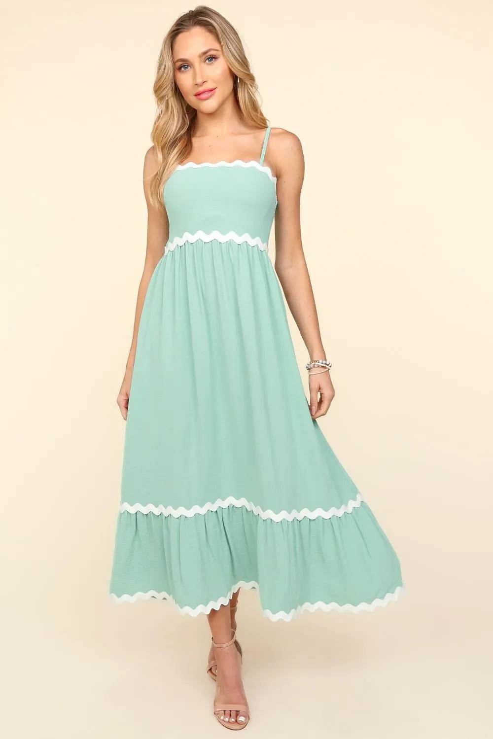 Haptics Solid Color Maxi Dress with Contrasting Ric Rac Trim in Sage