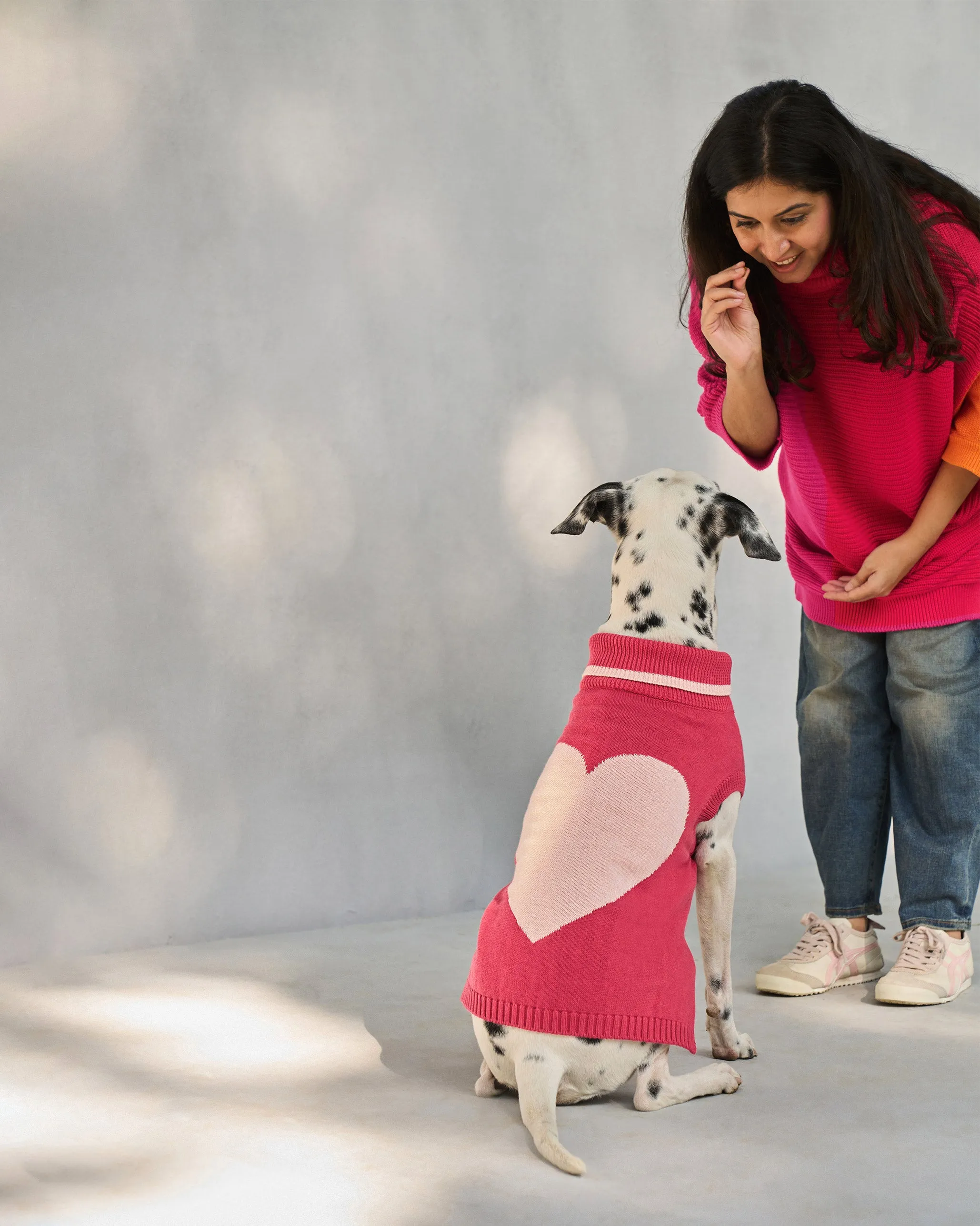 Heart Snug Dog Sweater - Blush Red & Baby pink