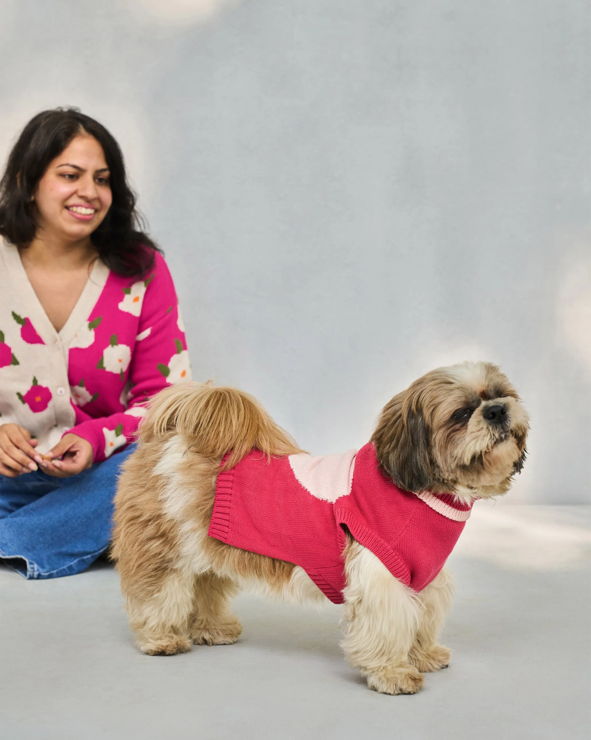 Heart Snug Dog Sweater - Blush Red & Baby pink