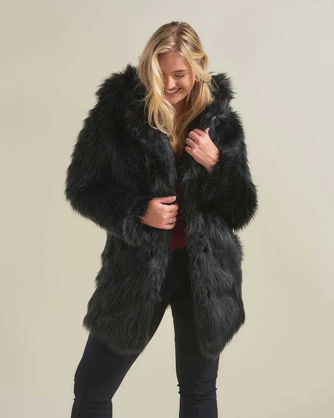 Hooded Women's Faux Fur Coat | Black Wolf